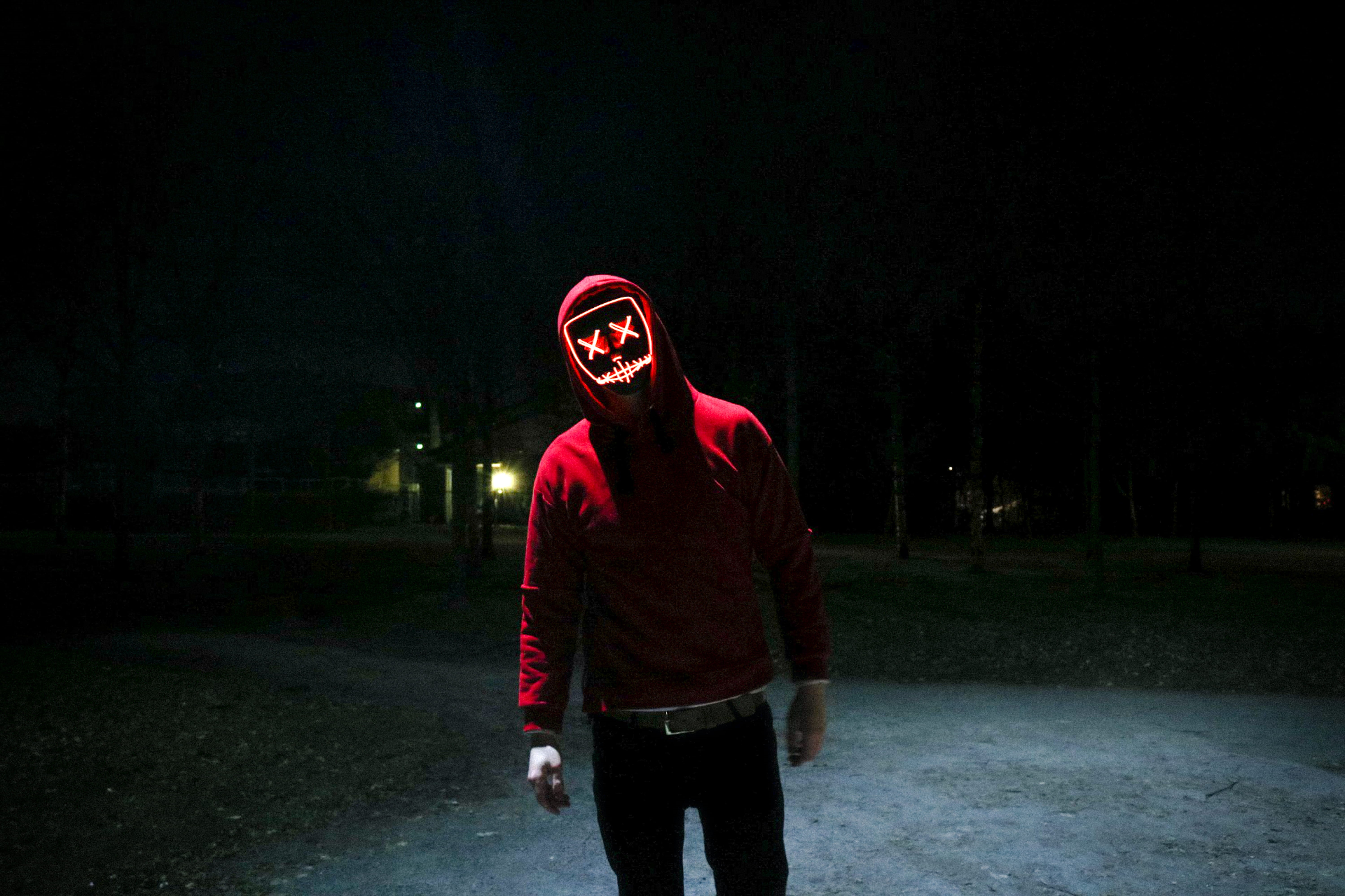 emotion, jacket, marshmello, casual clothing, young adult, 5K, adult, abstract, man, hooded, face, night, mouth open, front view, outside, standing, one person, HD Wallpaper