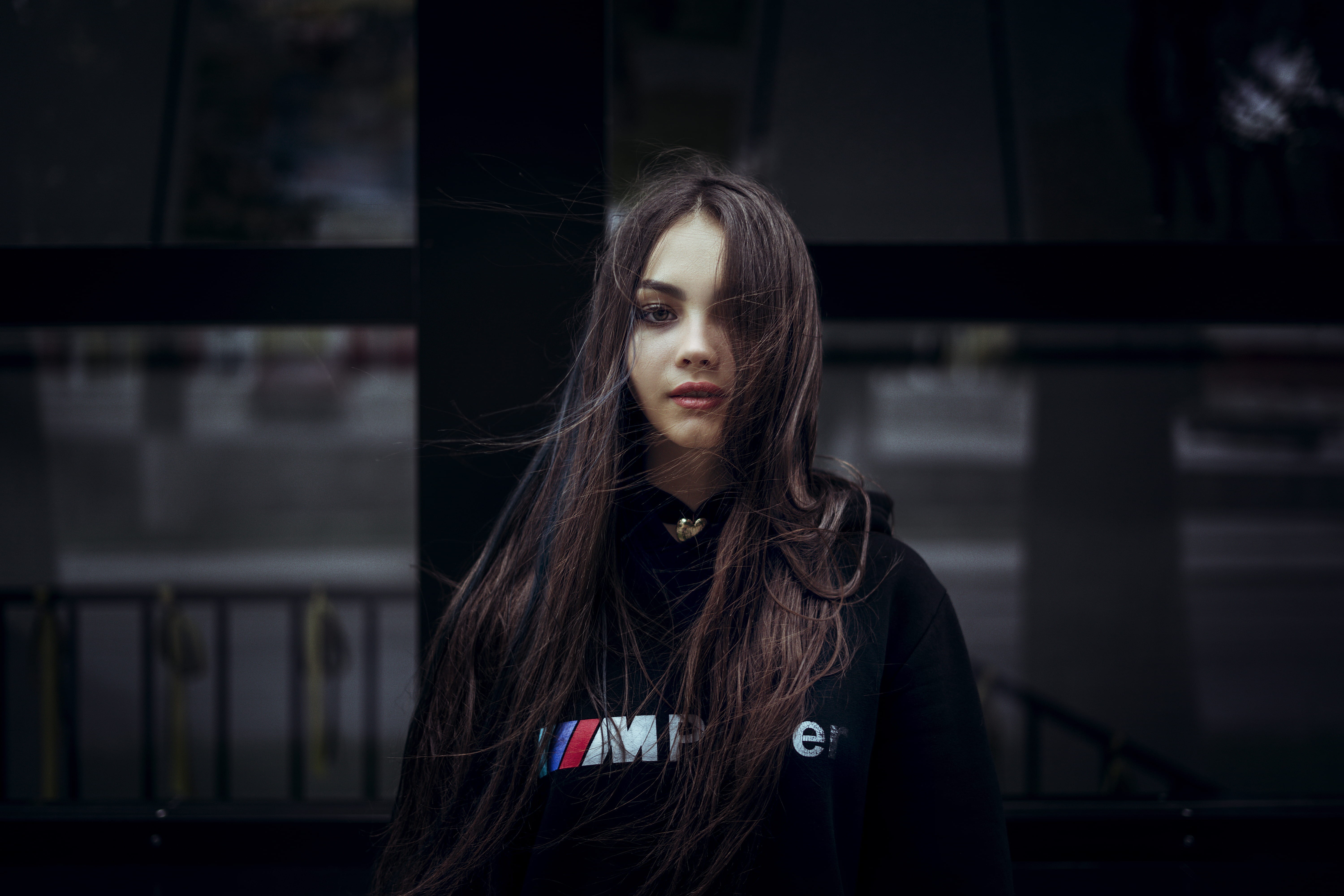brown hair, city, bmw, black, hoodie, hairstyle, hooded, casual clothing, teenager, pullover, wearing, beautiful woman, portrait, contemplation, young women, HD Wallpaper