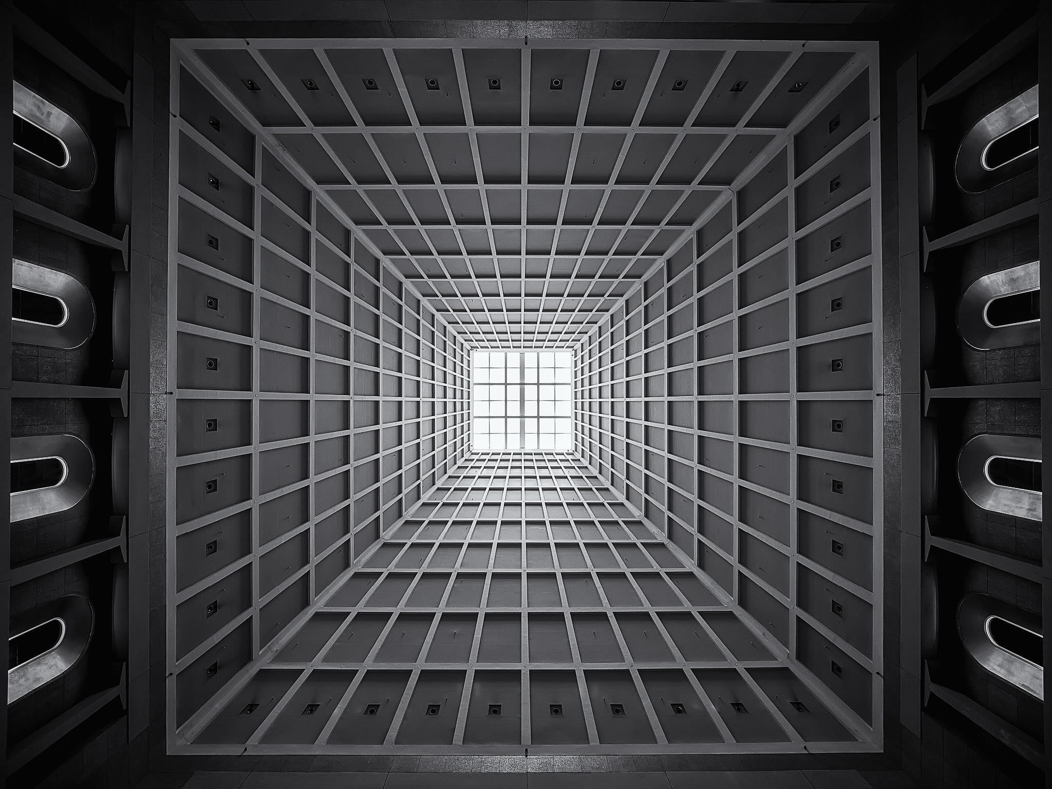 tower, 1080P, concrete, geometric shape, building, architectural feature, shape, repetition, ceiling, design, metal, modern, gray, pattern, built structure, HD Wallpaper