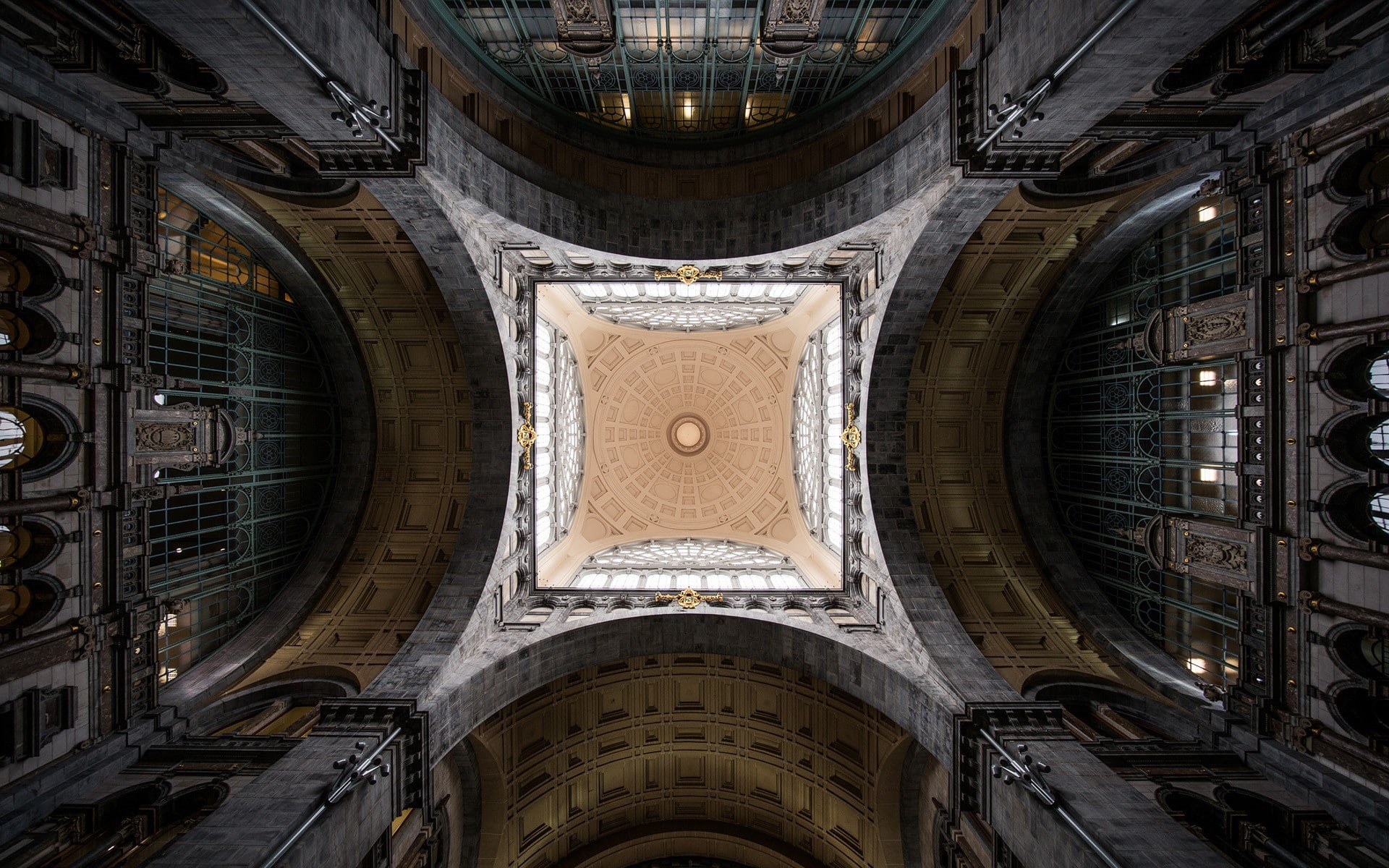 shape, travel destinations, arch, directly below, 1080P, ornate, train station, worms eye view, architecture, cupola, circle, religion, design, place of worship, HD Wallpaper