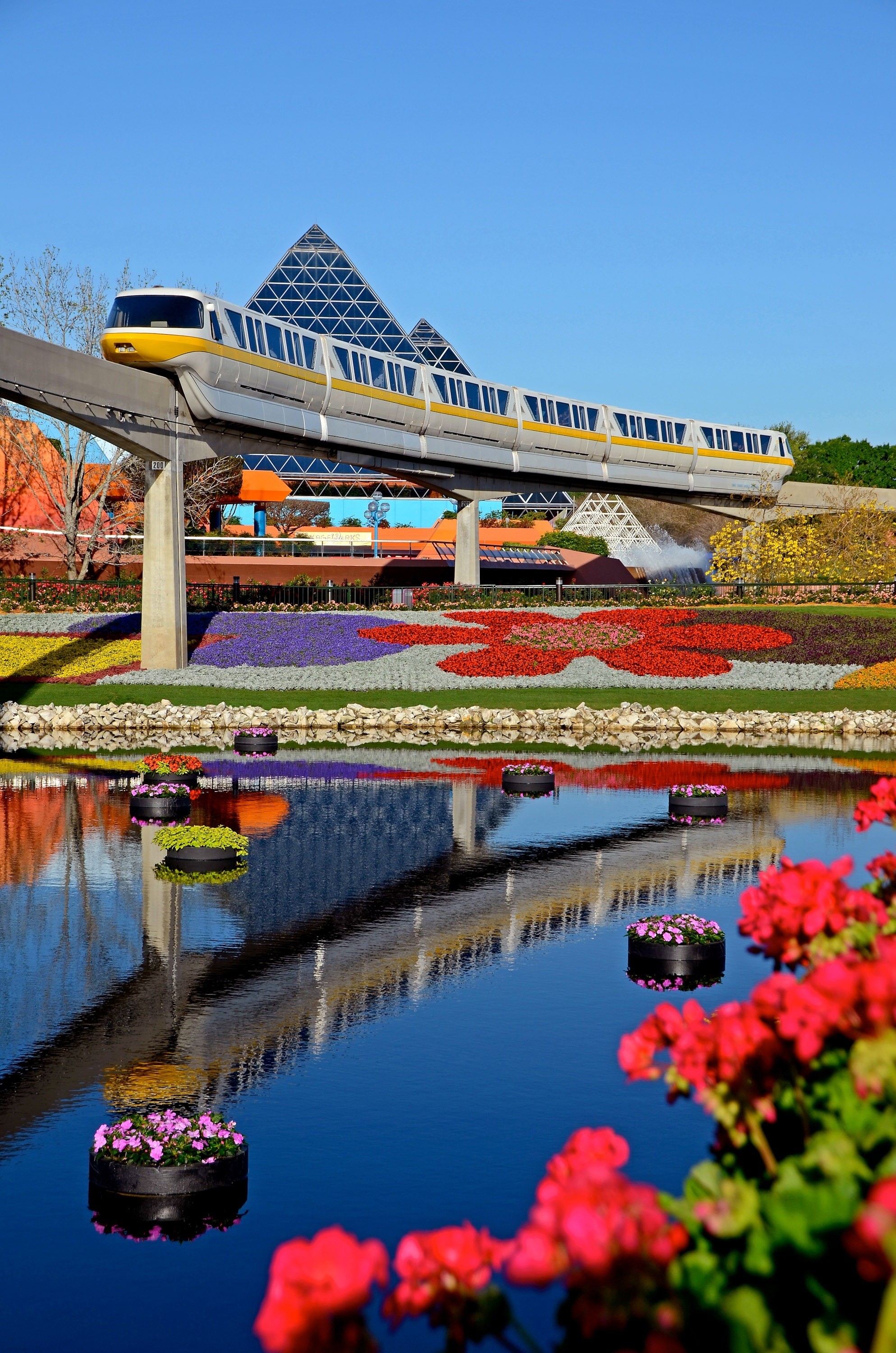 nature, train, waterfront, clear sky, architecture, epcot, white, platform, sky, transportation, lake, transit, station, public, flowering plant, tracks, Phone HD Wallpaper