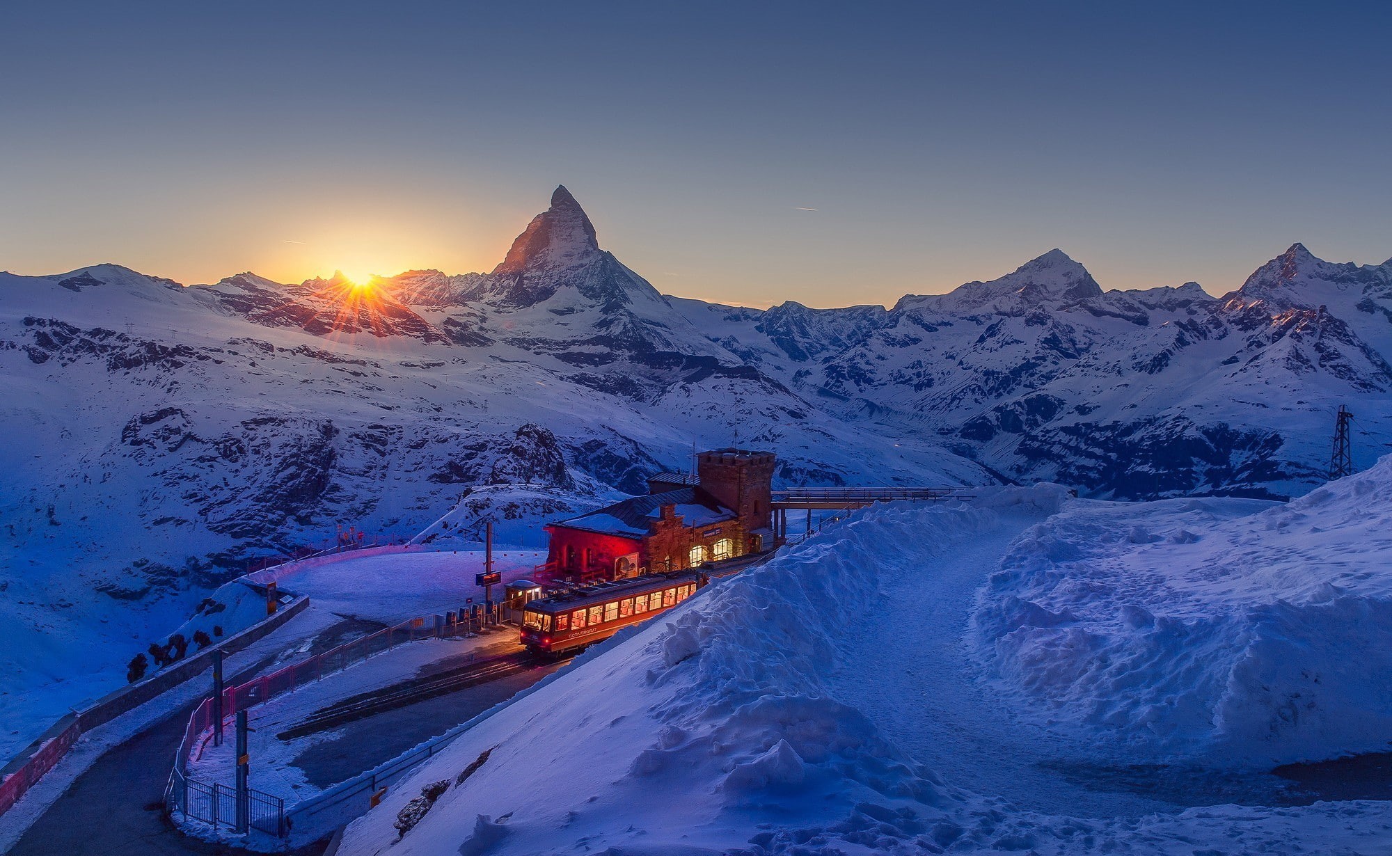 winter, 1080P, sunset, lights, Matterhorn, landscape, mountains, snow, train station, nature, Switzerland, train, road, HD Wallpaper