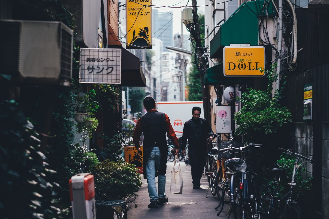 denim, architecture, 720P, men, s, text, land vehicle, lifestyles, Asian architecture, outdoors, city, bicycle, real people, people, back, walking, sign, HD Wallpaper