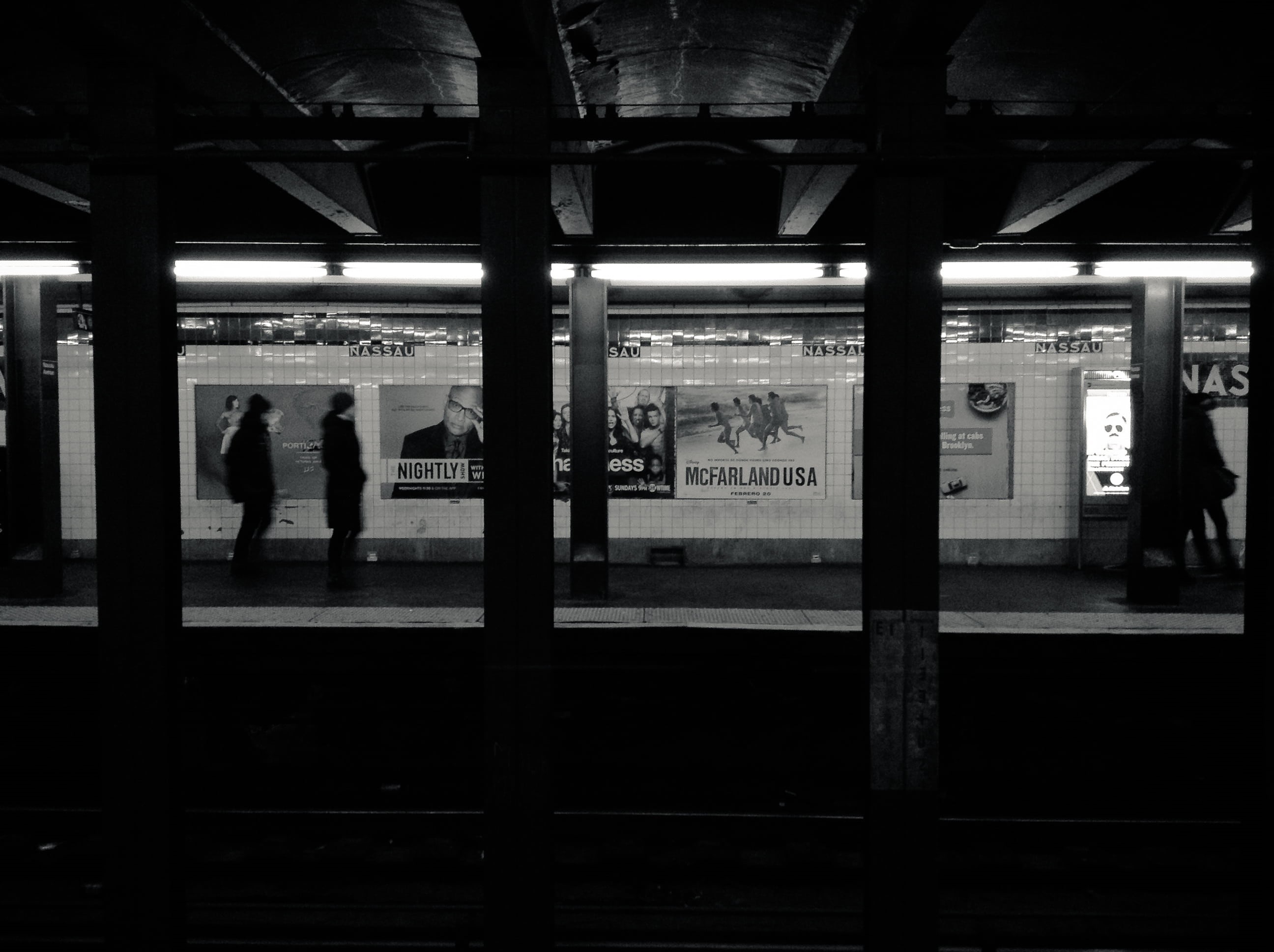 black and white, real people, group of people, illuminated, NYC, transportation, pillars, subway station, railroad station, outdoors, station, indoors, HD Wallpaper