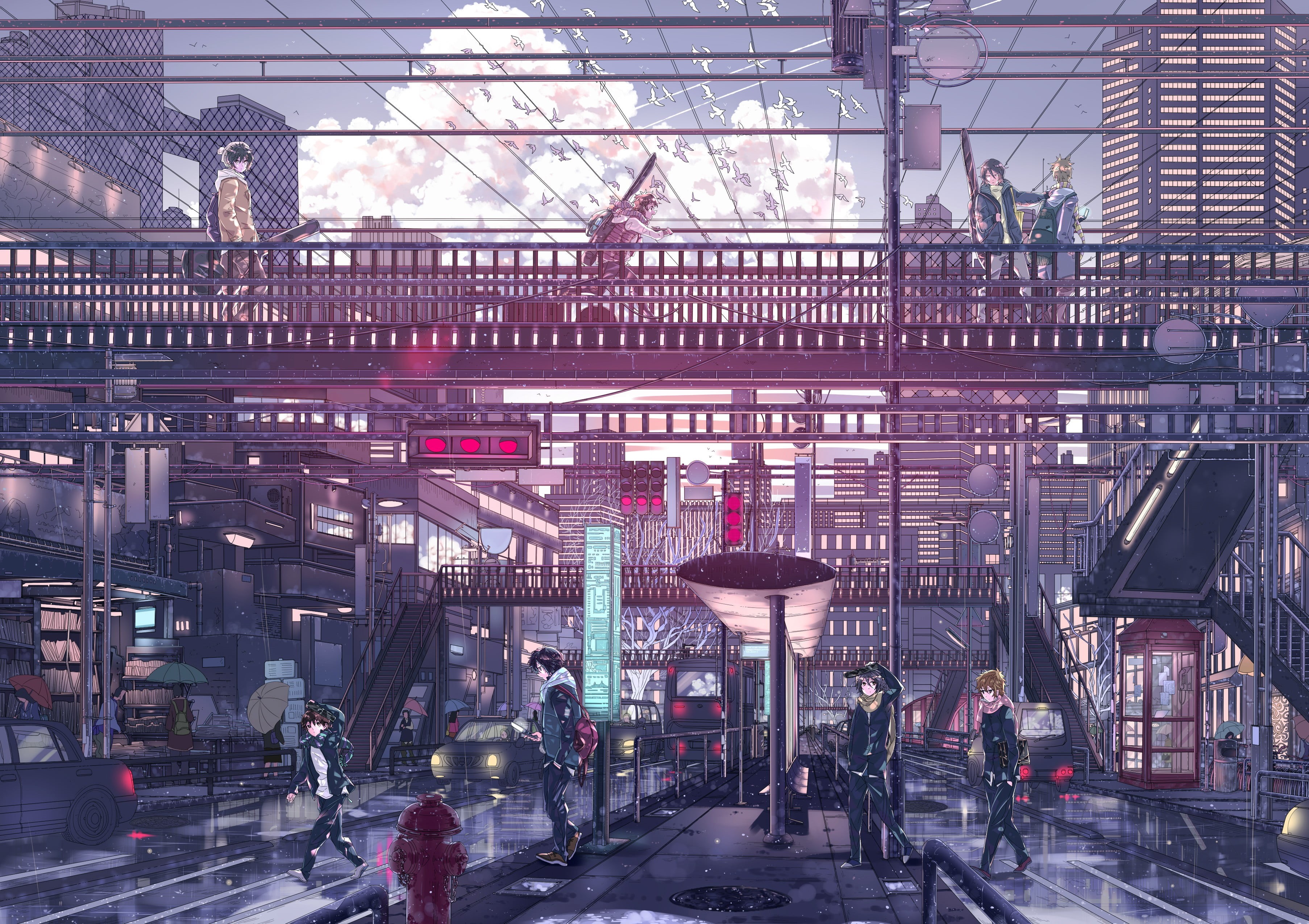 painting, Japan, skyscraper, outdoors, rain, walking, anime, group of people, trashcan, train, reflection, house, advertisements, men, 2K, building exterior, HD Wallpaper