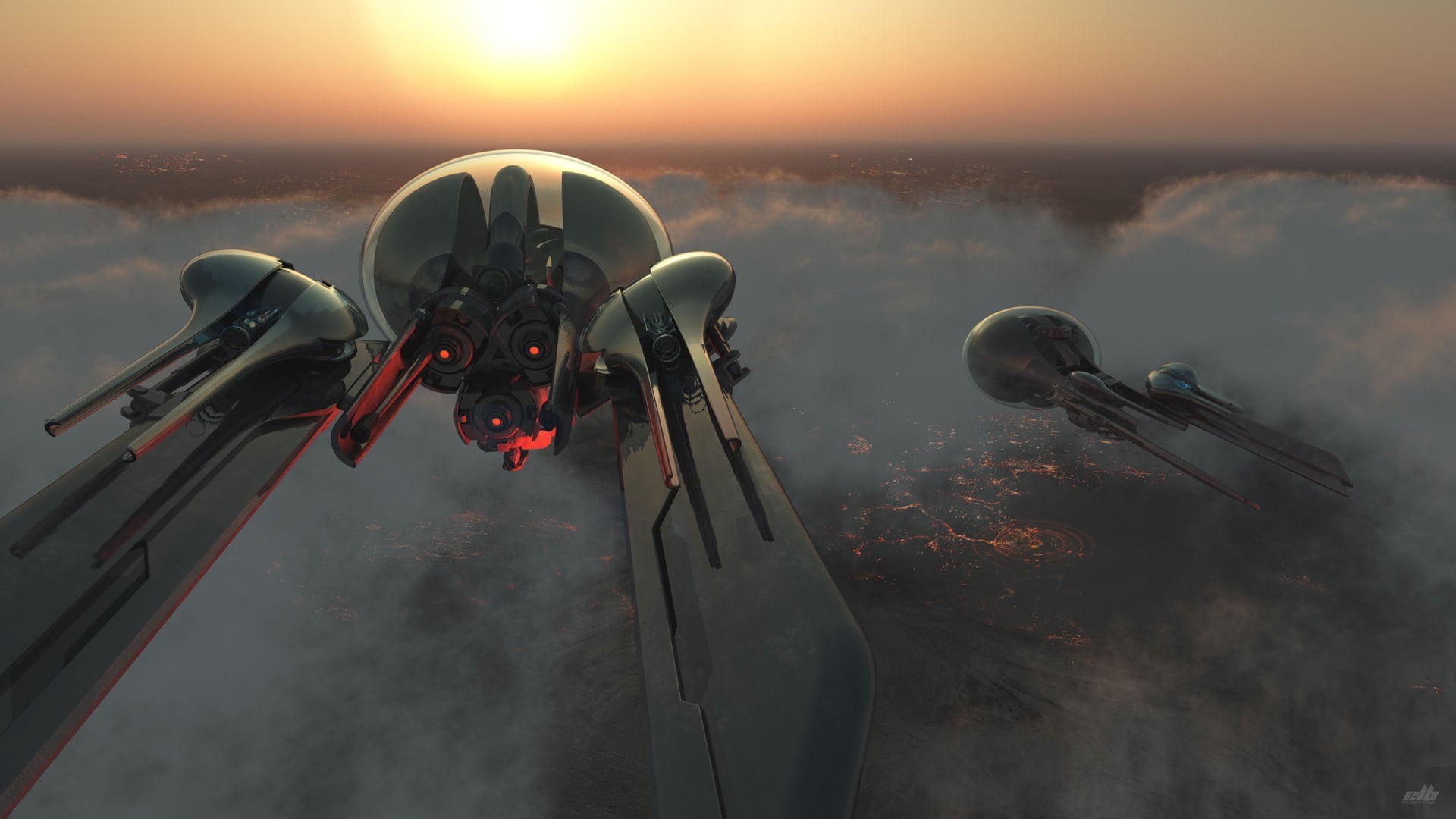 equipment, aircraft, flying, technology, water, city, transportation, digital art, spaceship, orange color, sunset, no people, air vehicle, aggression, HD Wallpaper