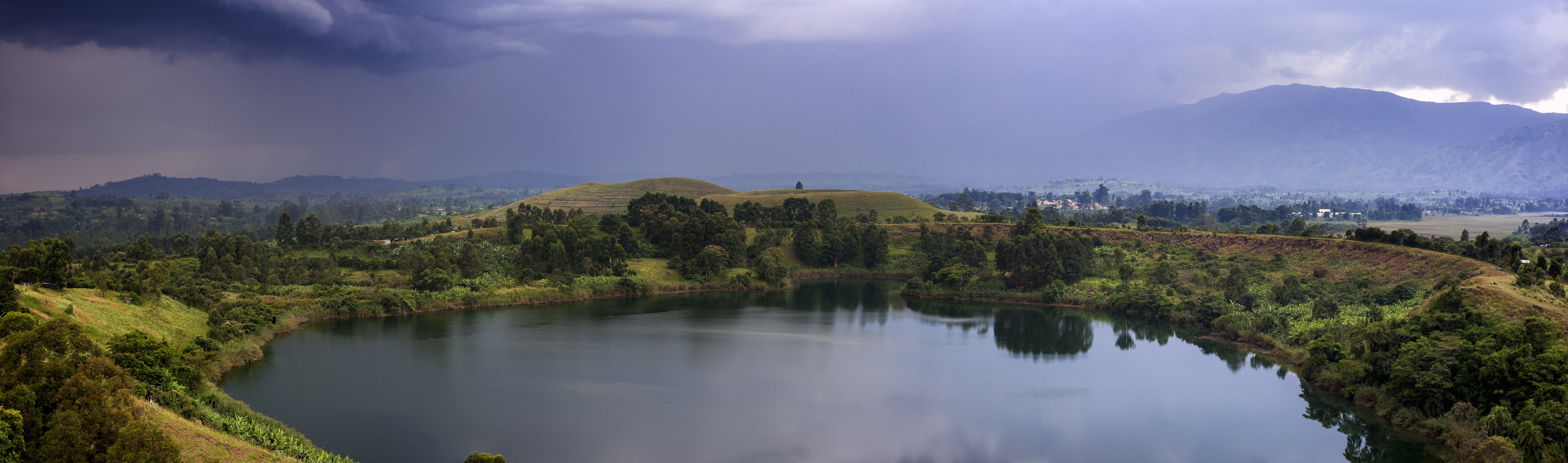 outdoors, dramatic, tropical, water, crater lake, green, rainstorm, cloud - sky, environment, nature, photography, african rain, tree, sky, travel destinations, HD Wallpaper