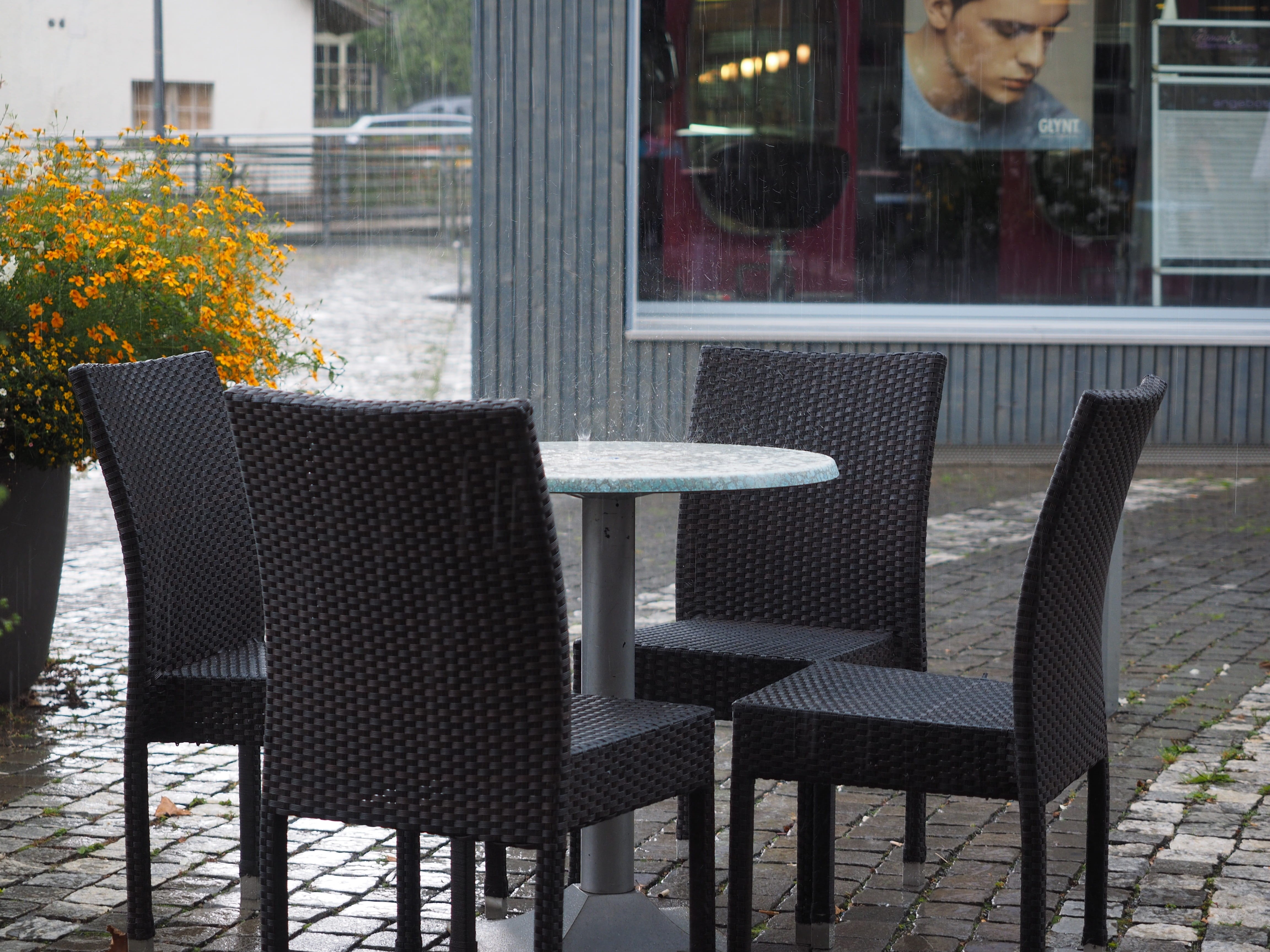 day, cafe, switzerland, raindrop, nature, seat, furniture, empty, chair, reflection, rainstorm, uncomfortable, building exterior, built structure, langenthal, HD Wallpaper