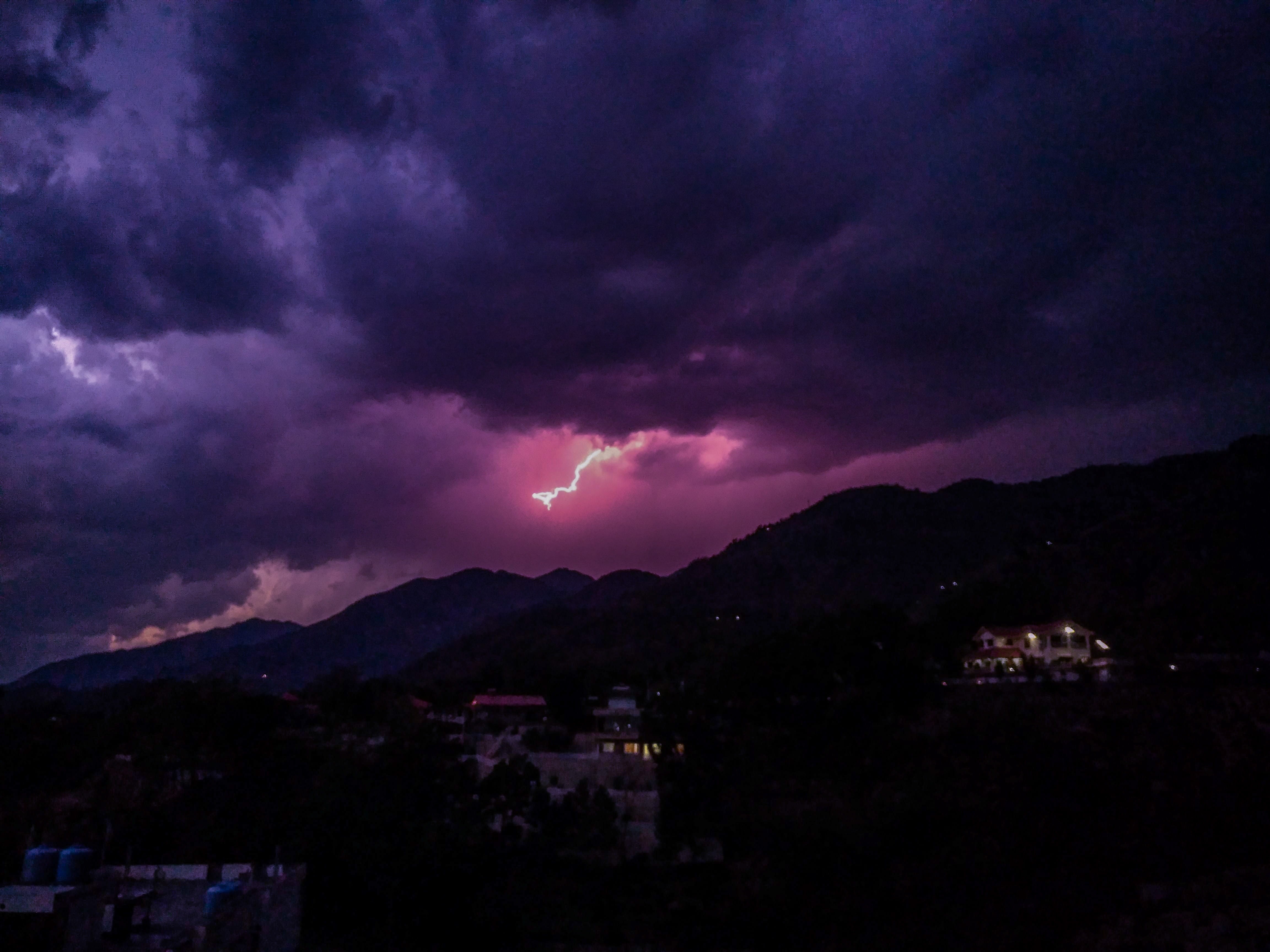 cloud - Sky, dark, storm cloud, hills, mountain, scenics, Storm, power, beauty in nature, no people, outdoors, sunset, Light, energy, Lightning, charge, HD Wallpaper
