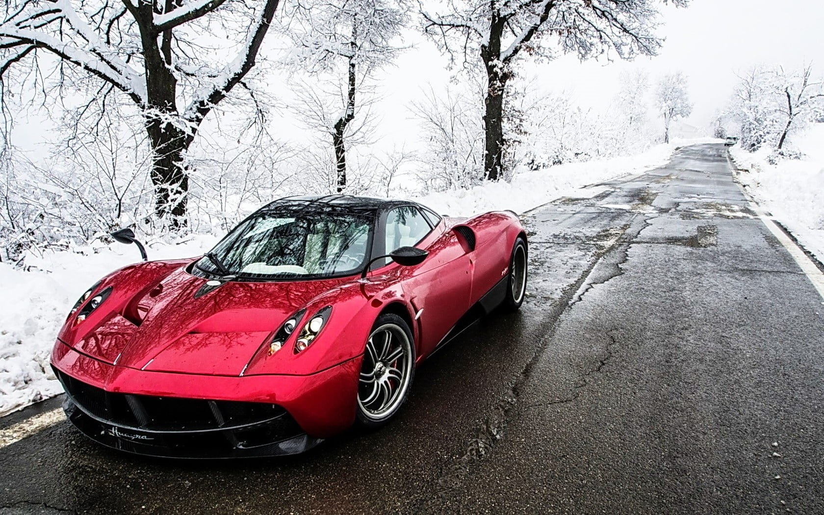vehicle, 720P, bare tree, day, plant, red, winter, tree, cold temperature, motor vehicle, nature, Pagani, Pagani Huayra, snow, transportation, super, street, HD Wallpaper