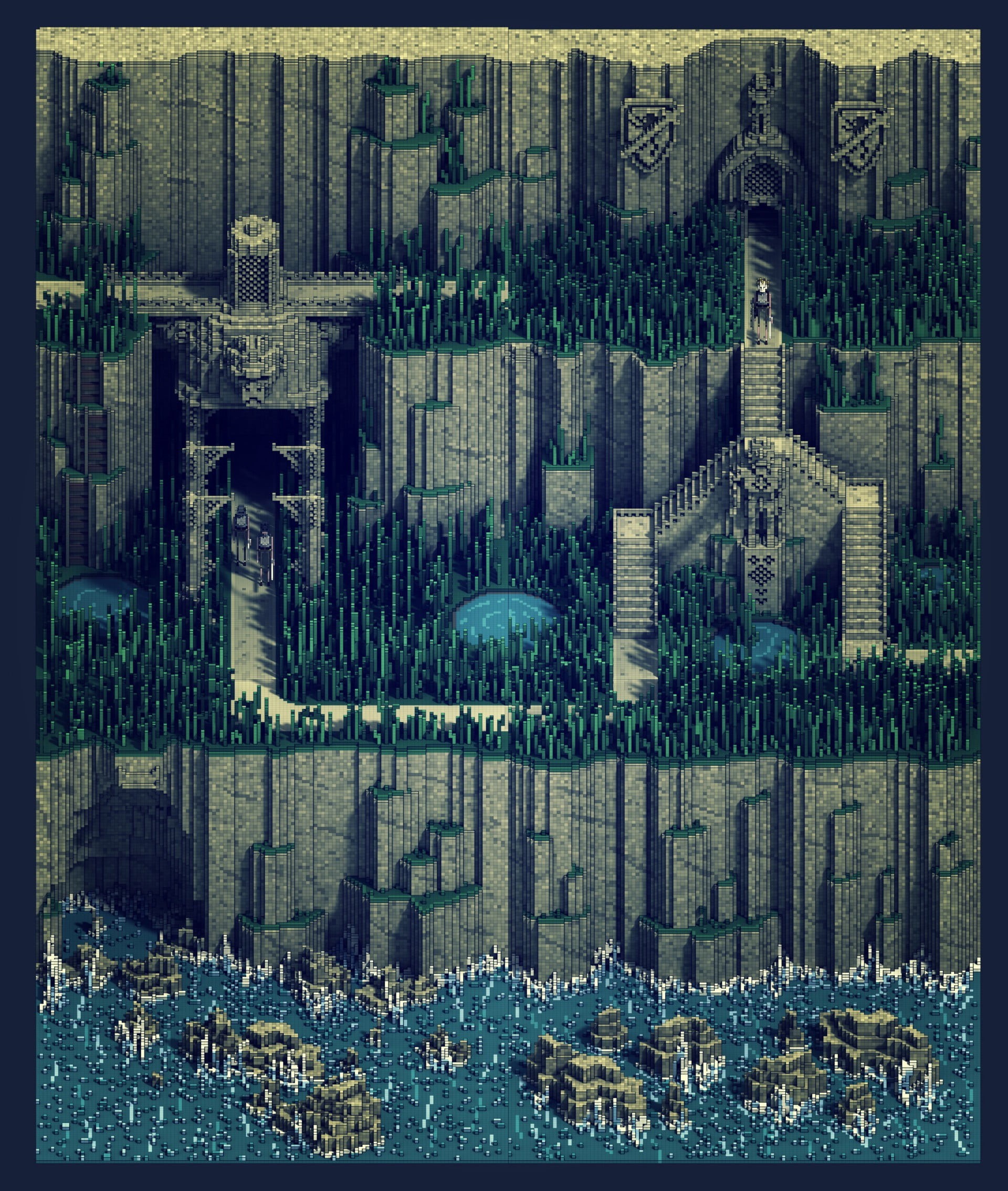 digital art, pixelated, sea, 3D, 1080P, pixel art, artwork, rock, stairs, voxels, cliff, Phone HD Wallpaper