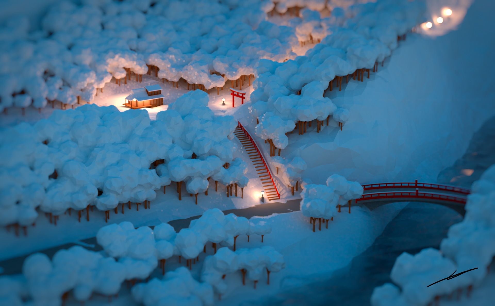 winter, December (Month), river, train, low poly, snow, 1080P, Japan, landscape, voxels, forest, HD Wallpaper