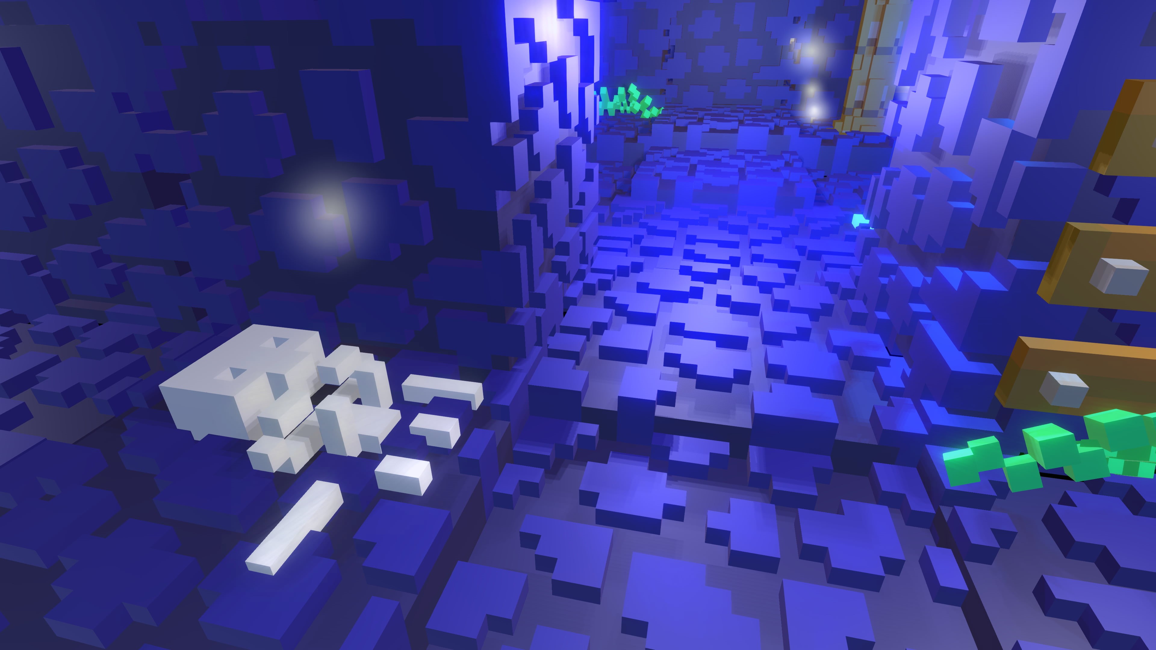 4K, cave, blue background, digital, square, digital art, 3D Blocks, computer game, blue, 4K, voxels, HD Wallpaper