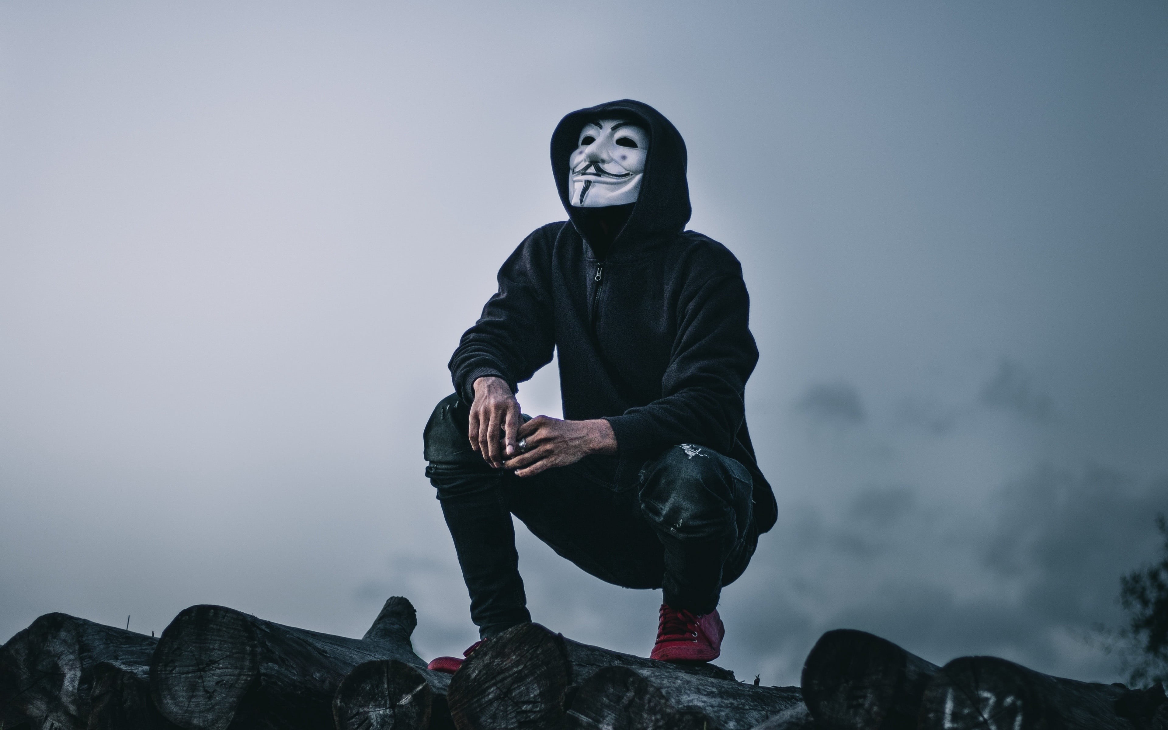 the sky, Anonymous, male, mask, logs, 4K, HD Wallpaper