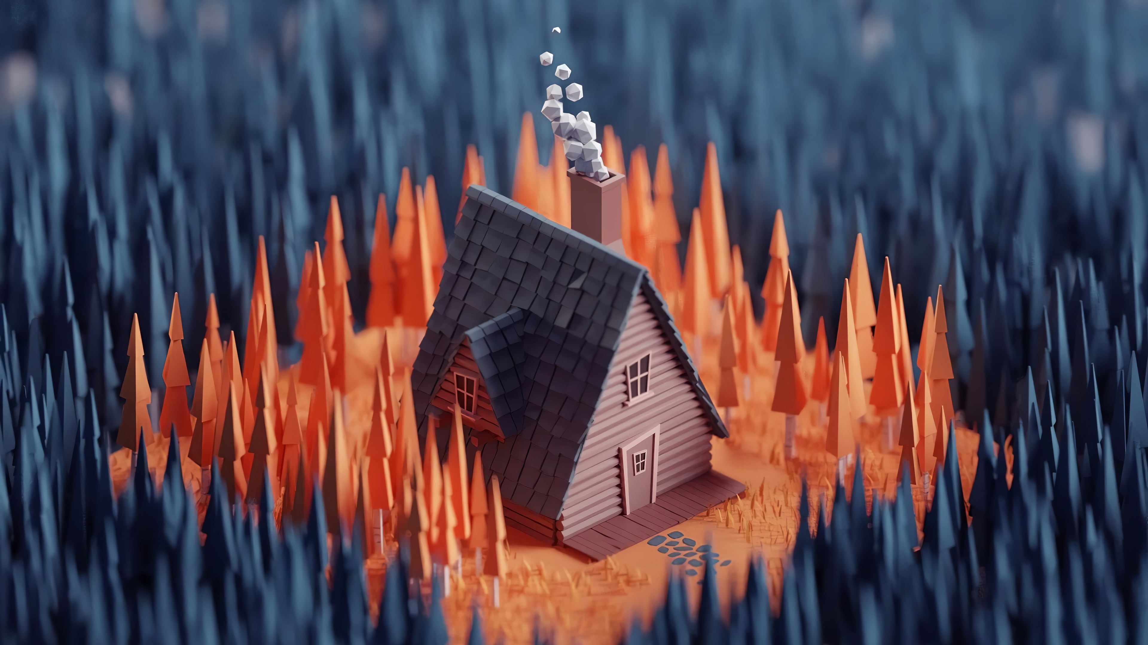 forest, orange, trees, Architecture models, architecture, environment, illustration, digital, hut, 3D, artwork, smoke, isometric, fall, outdoors, digital art, HD Wallpaper