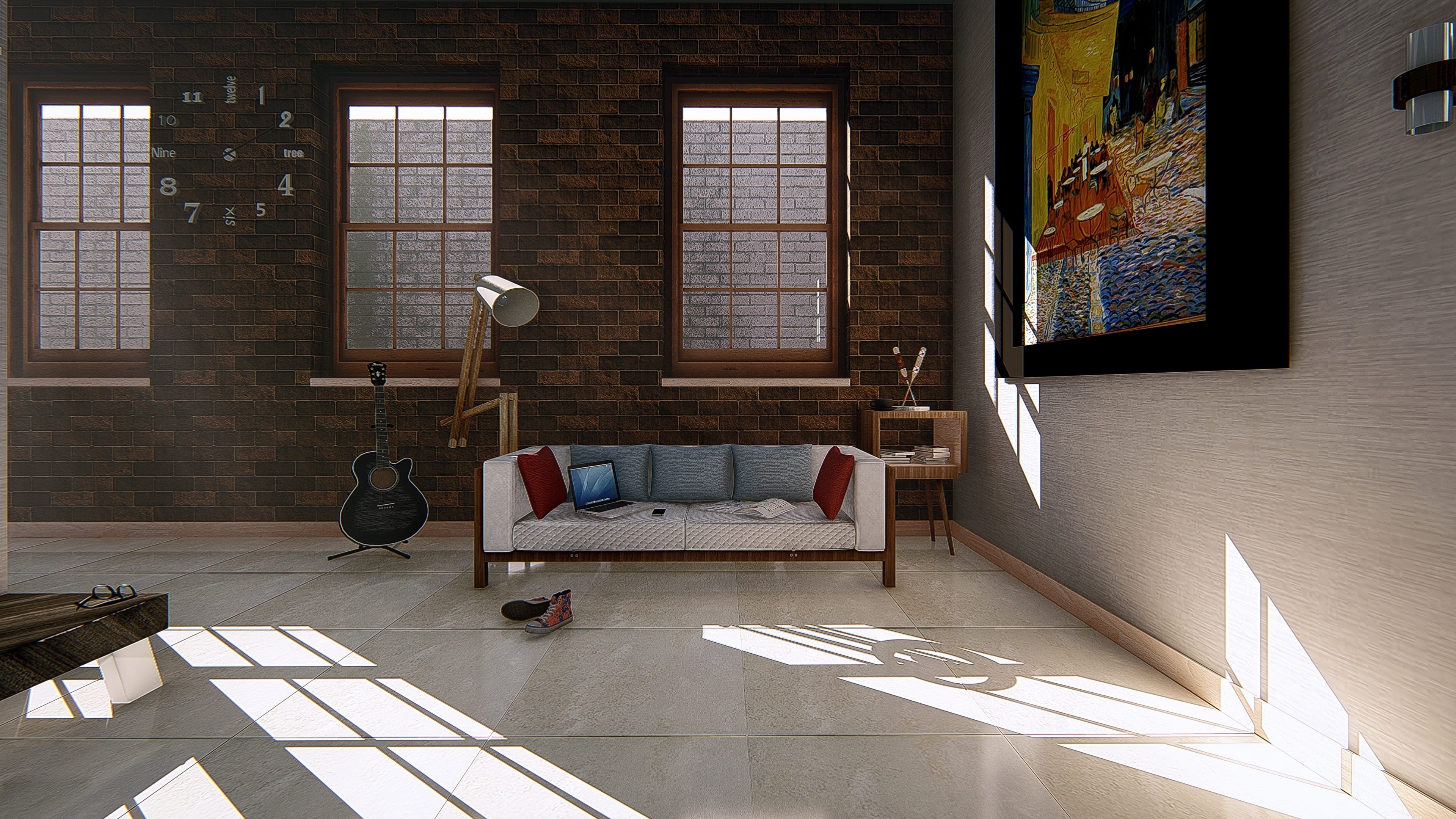 brick wall, lighting, 3d modeling, day, hipster, architecture, technology, table, room, porcelain, sketchup, flooring, render, design, business, inside, HD Wallpaper