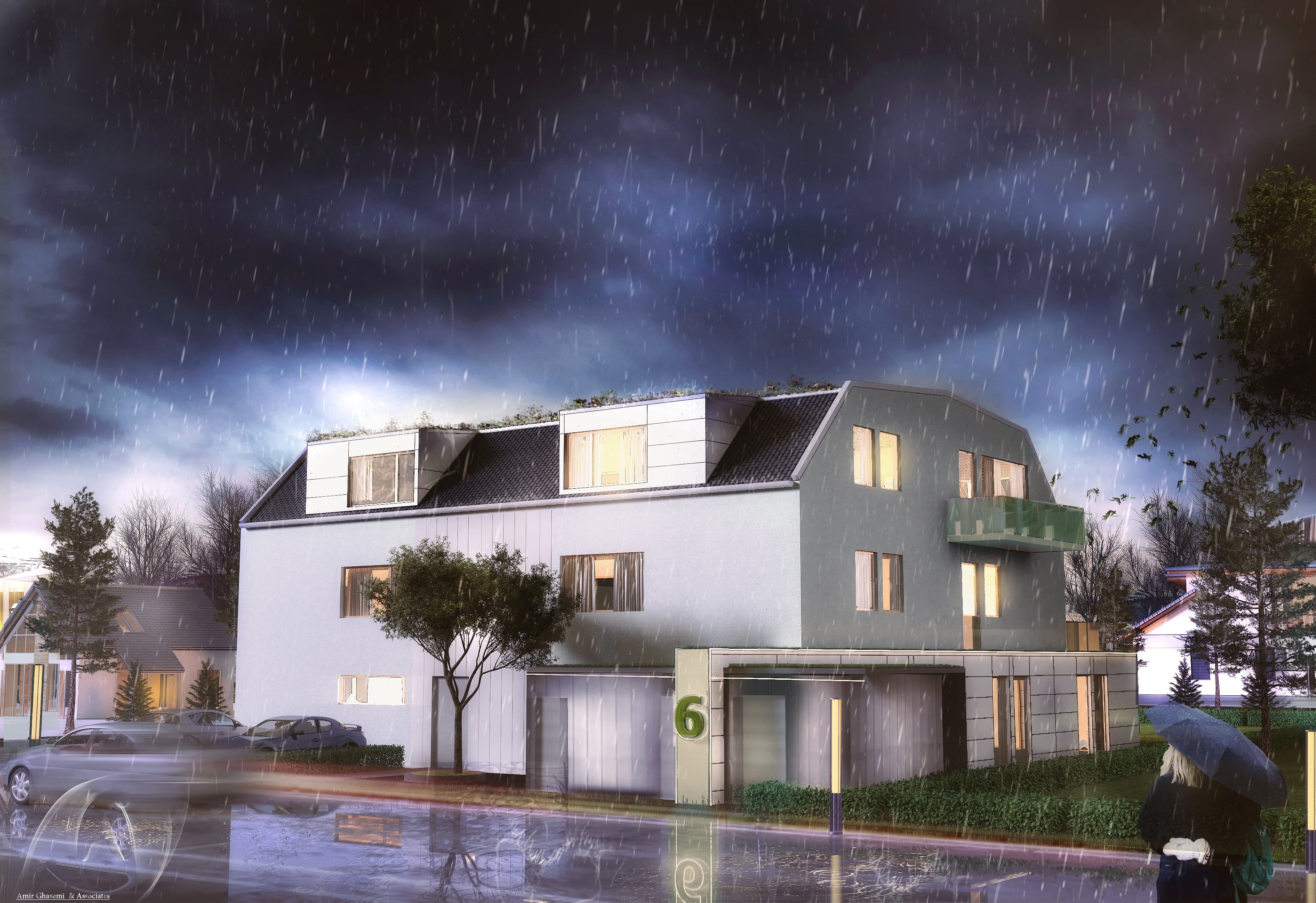 illuminated, water, house, cloud - sky, Architecture models, 2K, outdoors, extreme weather, night, wet, nature, architecture, no people, plant, tree, rainy season, HD Wallpaper