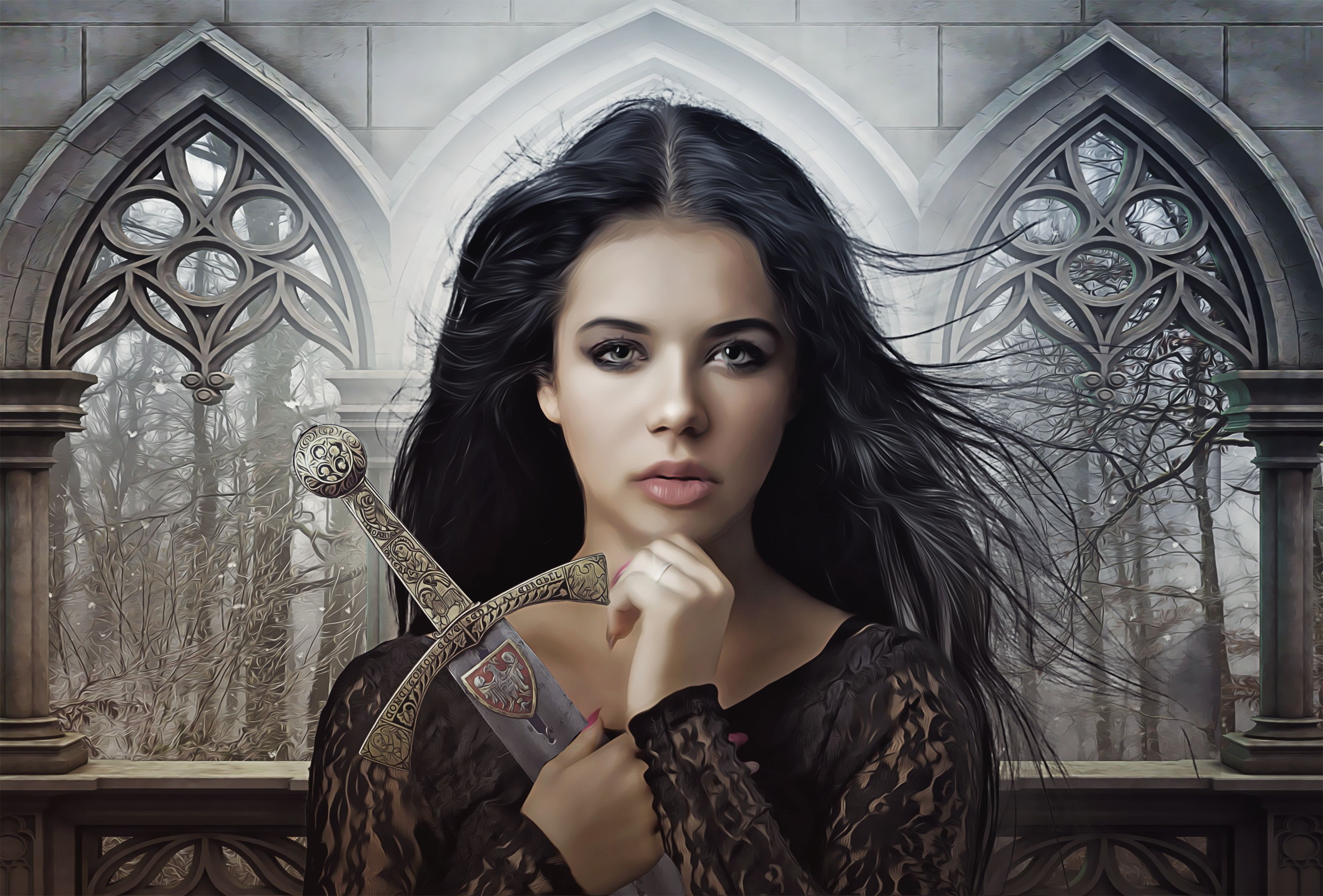 2K, one person, young, hairstyle, adult, sword, photoshop, snow, magic, lifestyles, young women, woman, winter, book cover, model, architecture, beautiful woman, HD Wallpaper