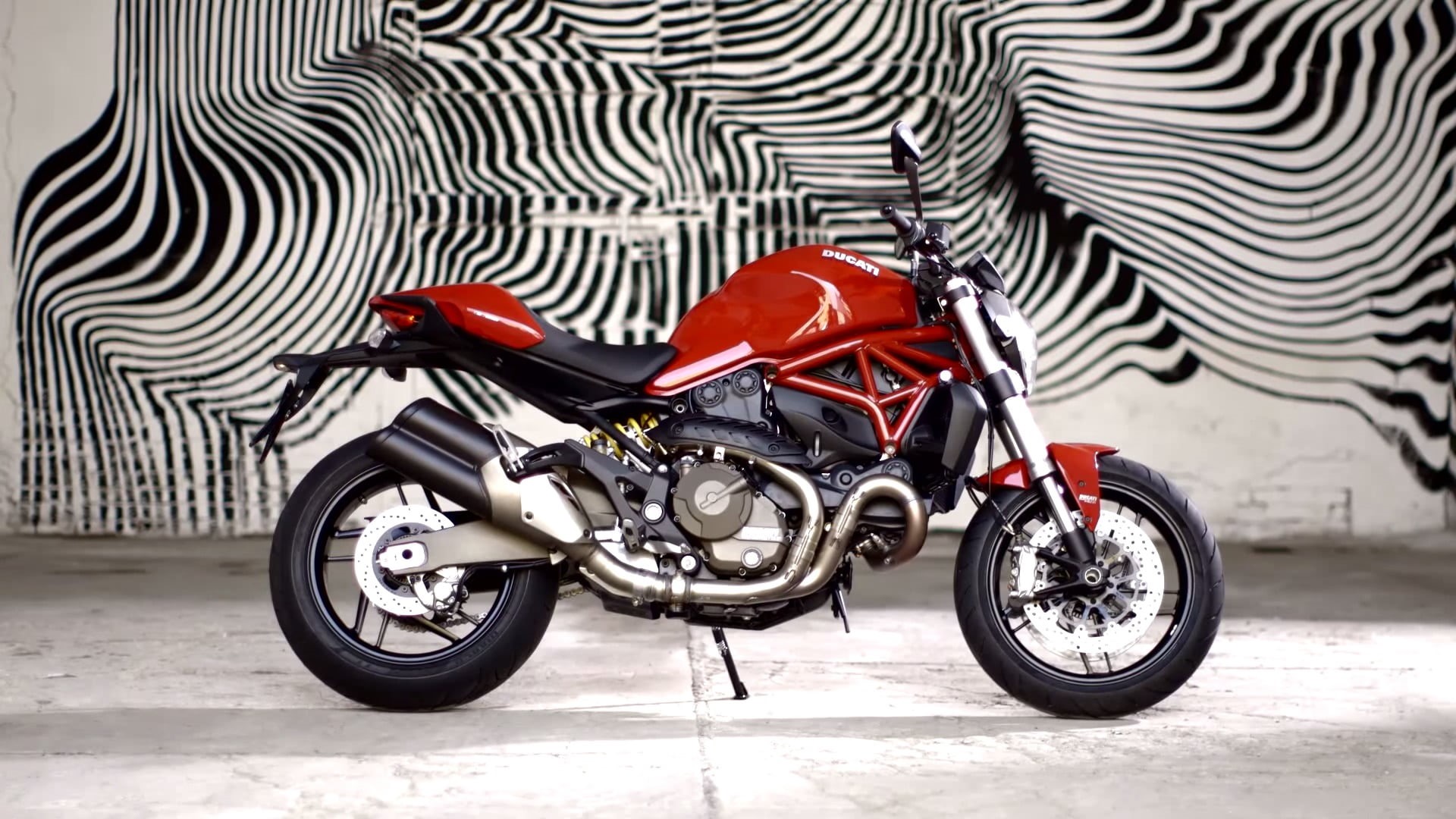 wheel, Ducati Monster 821, helmet, striped, stationary, Ducati, red, 1080P, scooter, motorcycle, day, stripes, land vehicle, pattern, mode of transportation, HD Wallpaper