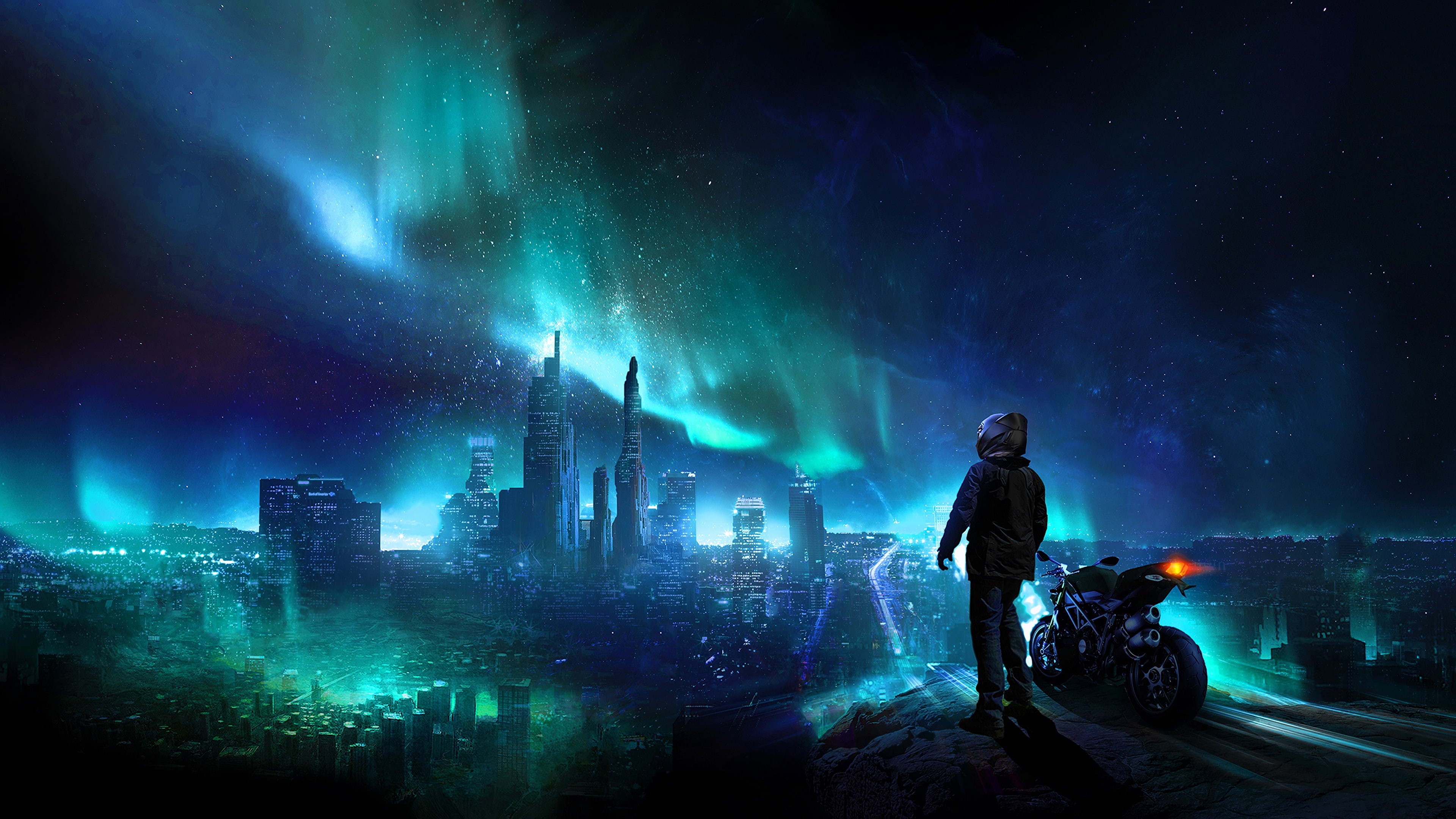 night, motorcyclist, 4K, starry sky, art, HD Wallpaper