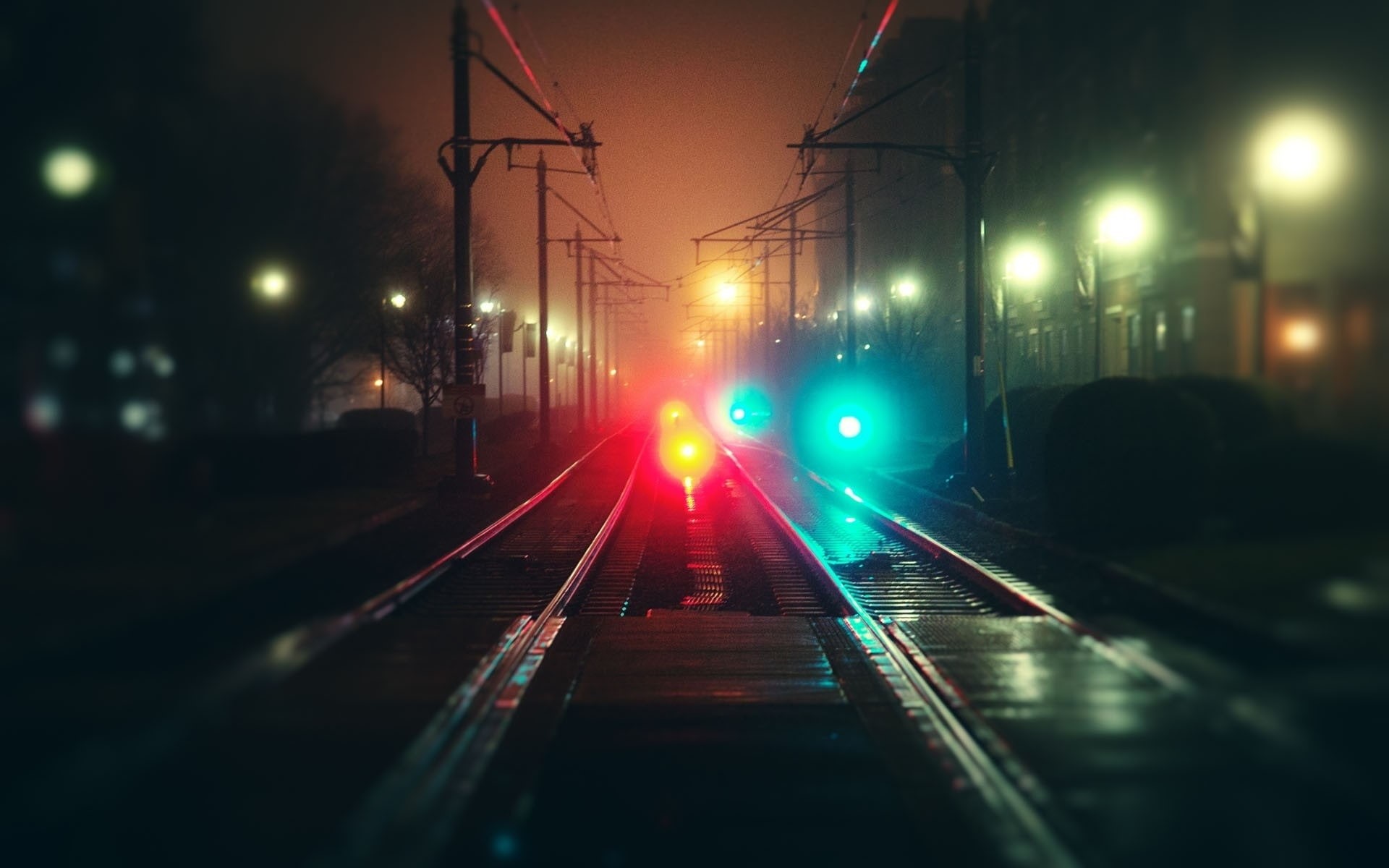City, 1080P, Fog, Night, Rails, Colorful, Lights, Bokeh, HD Wallpaper