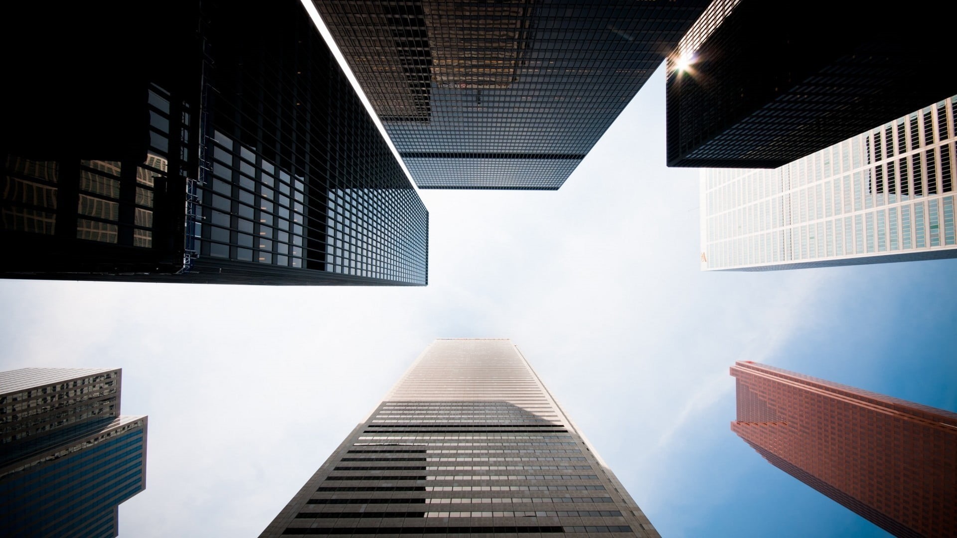 financial district, reflection, modern, tall - high, day, building, office, built structure, building exterior, outdoors, business, sky, buildings, worms eye view, HD Wallpaper