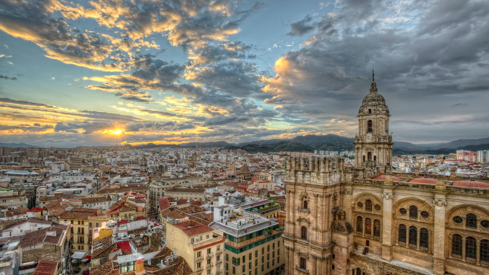 nature, city, sky, spire, religion, no people, 1080P, malaga, cloud - sky, travel destinations, cloud, cityscape, building exterior, outdoors, history, HD Wallpaper