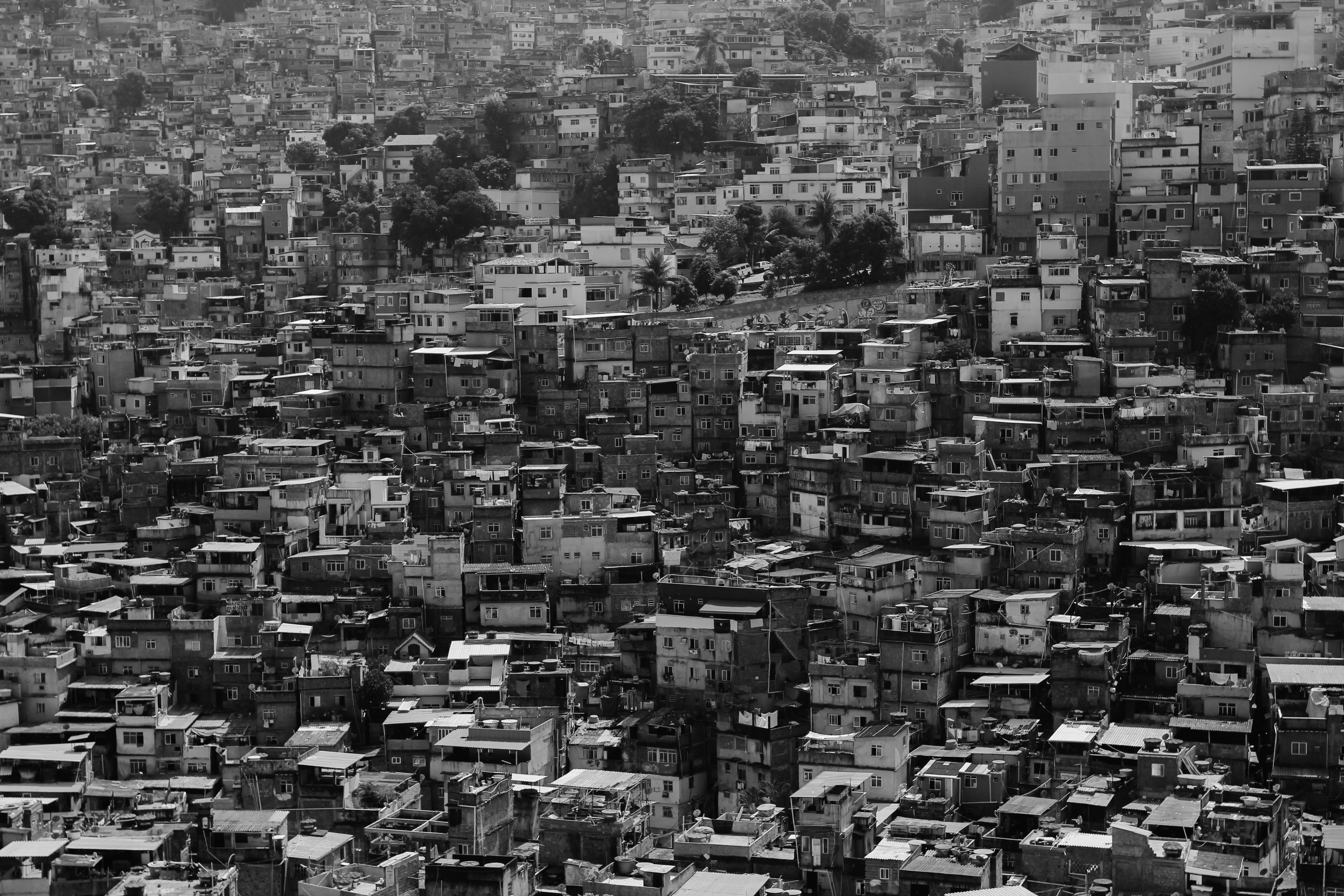 high angle view, 5K, poor, office building exterior, cityscape, outdoors, aerial, view, nature, residential, crowd, black and white, tilled, favela, houses, HD Wallpaper