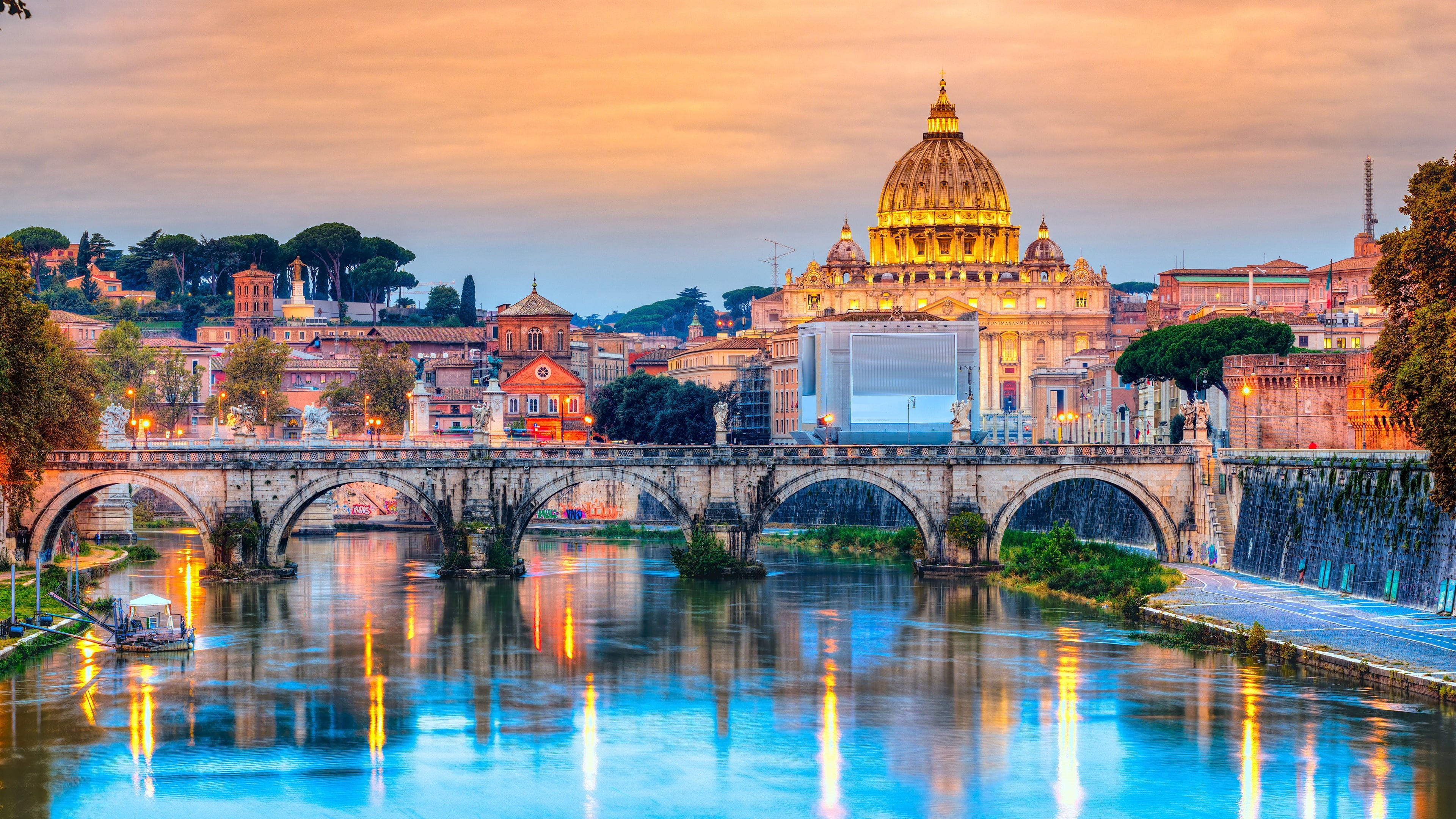st. angelo bridge, water, landmark, bridge of angels, waterway, ponte st angelo, basilica, city, tiber river, 4K, eu, river, vatican, europe, tourist attraction, HD Wallpaper