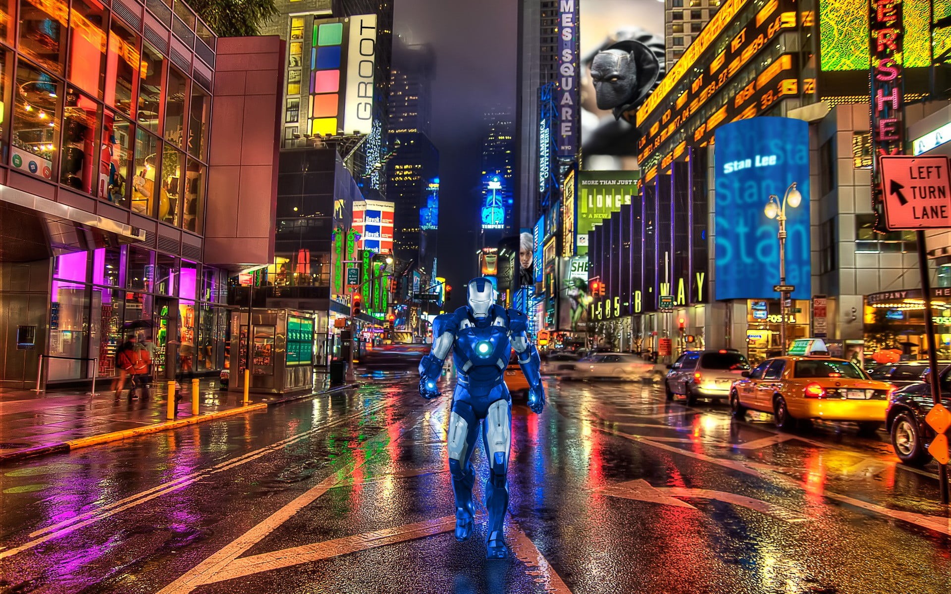building exterior, city, transportation, outdoors, road, walking, motor vehicle, land vehicle, Iron Man, city life, built structure, man, New York City, HD Wallpaper