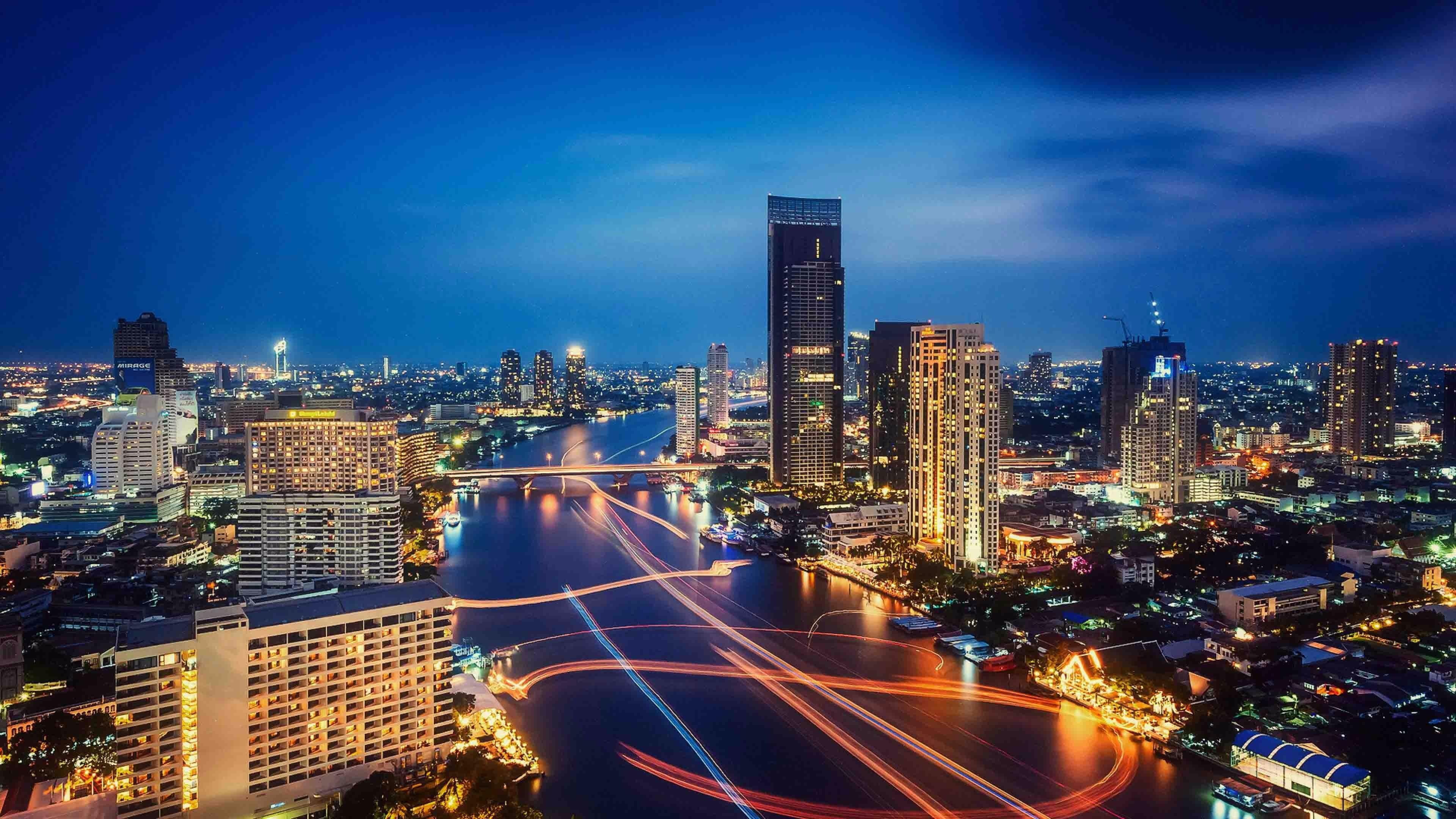modern, light trail, building exterior, metropolitan area, chao phraya, skyscraper, downtown district, financial district, 4K, no people, landmark, asia, HD Wallpaper