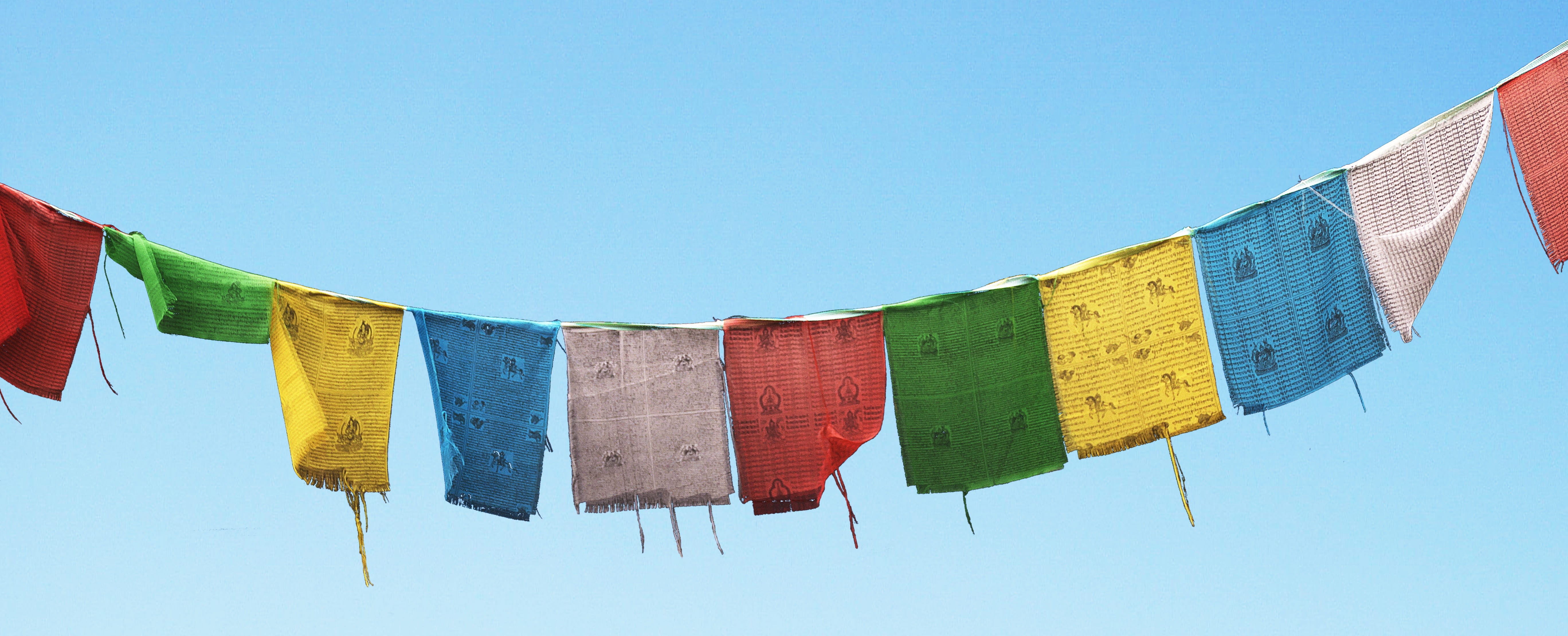 suspended, prayer flags, sky, clothesline, clear sky, believe, clothing, flag, spirituality, buddhism, hanging, nature, outdoors, red, religion, culture, HD Wallpaper
