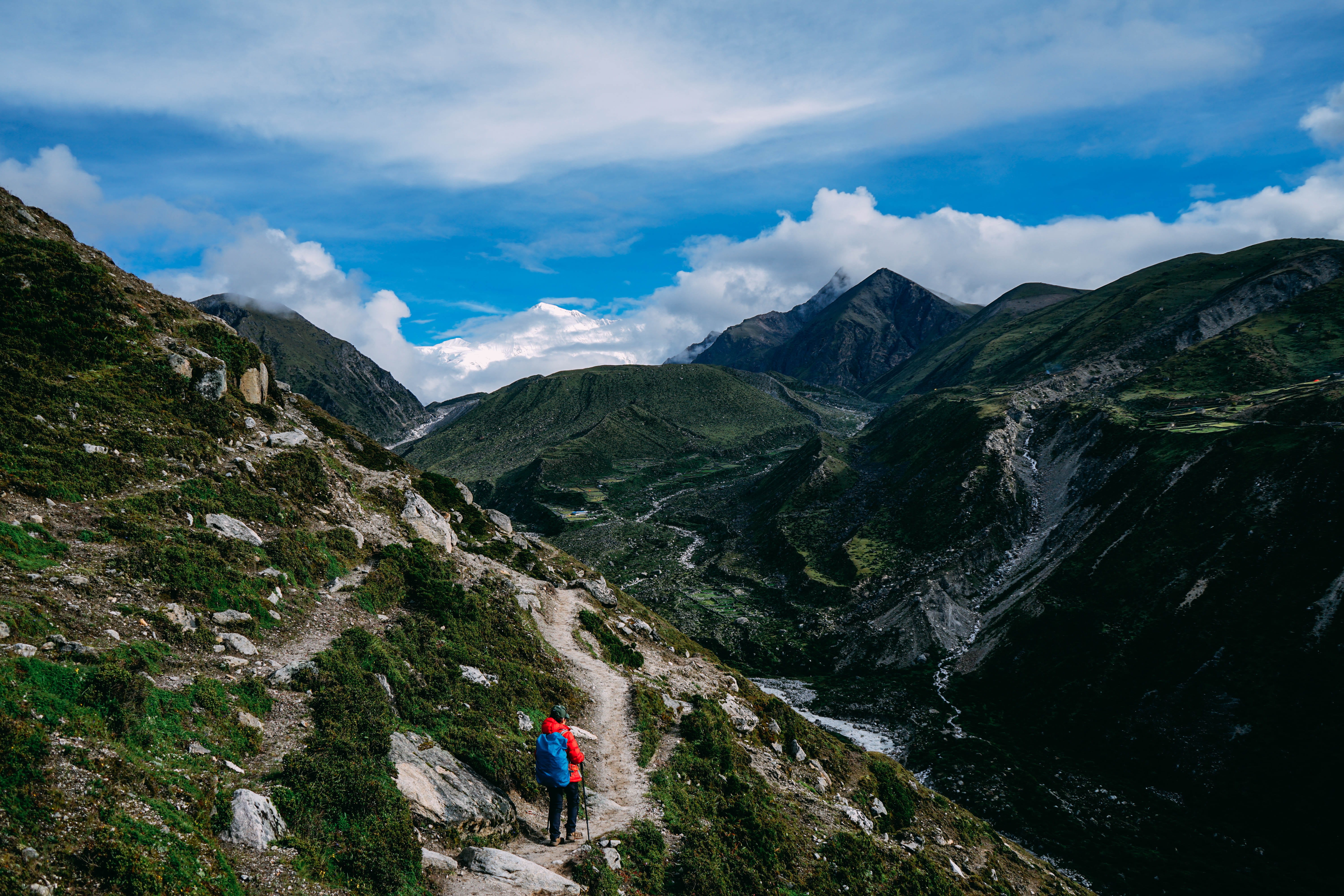 scenics - nature, base, travel, hiking, cloud - sky, one person, gokyo lake, khumbu, snow, gokyo, leisure activity, idyllic, tranquil scene, formation, HD Wallpaper