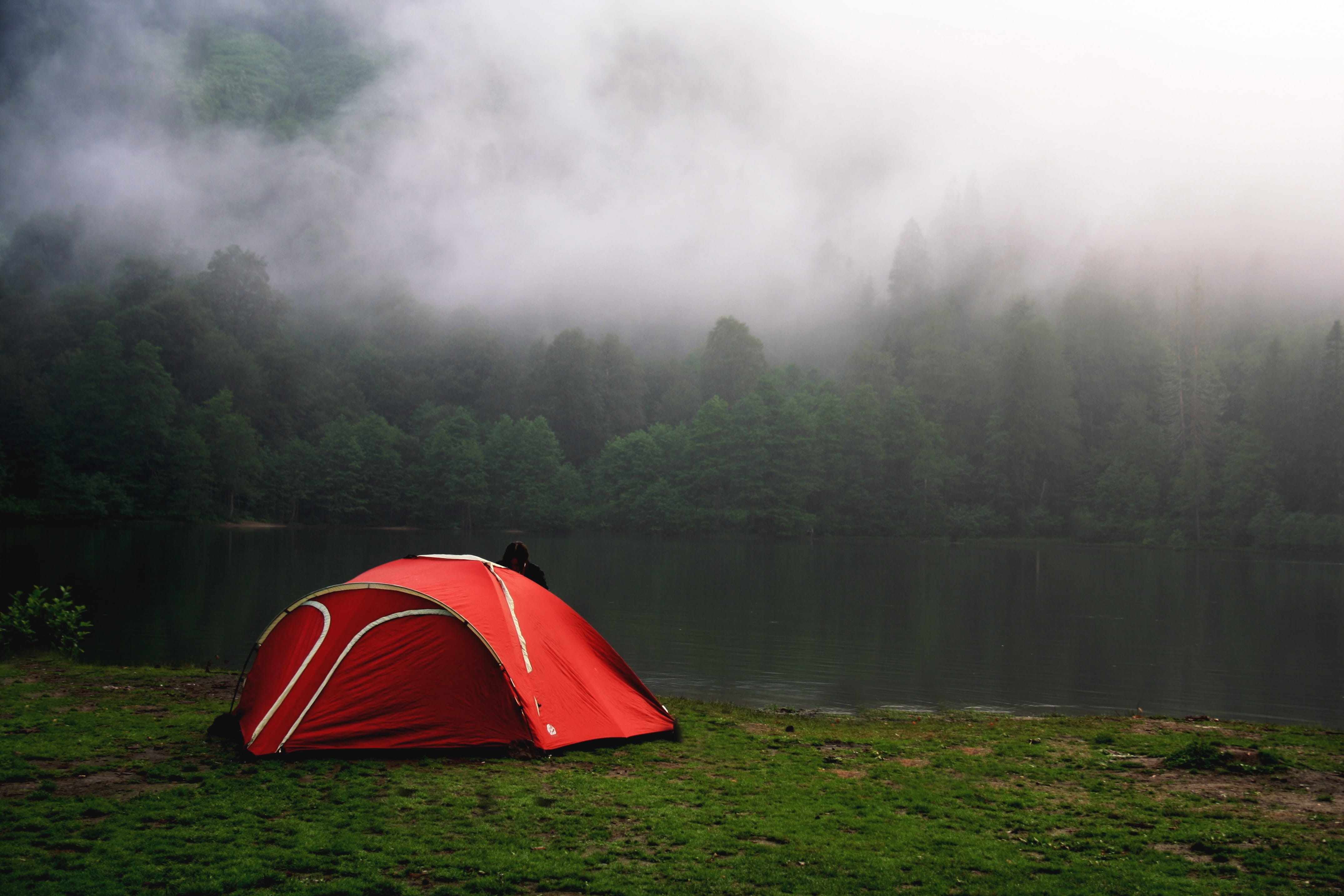 land, tree, grass, beauty in nature, non-urban scene, lake, tent, outdoors, vacations, camping, water, plant, tranquil scene, adventure, forest, scenics - nature, HD Wallpaper