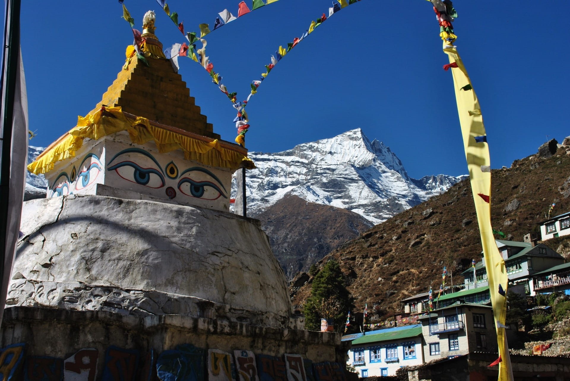 day, religion, snowcapped mountain, mount everest, clear sky, built structure, no people, architecture, sky, cold temperature, mountain peak, spirituality, HD Wallpaper