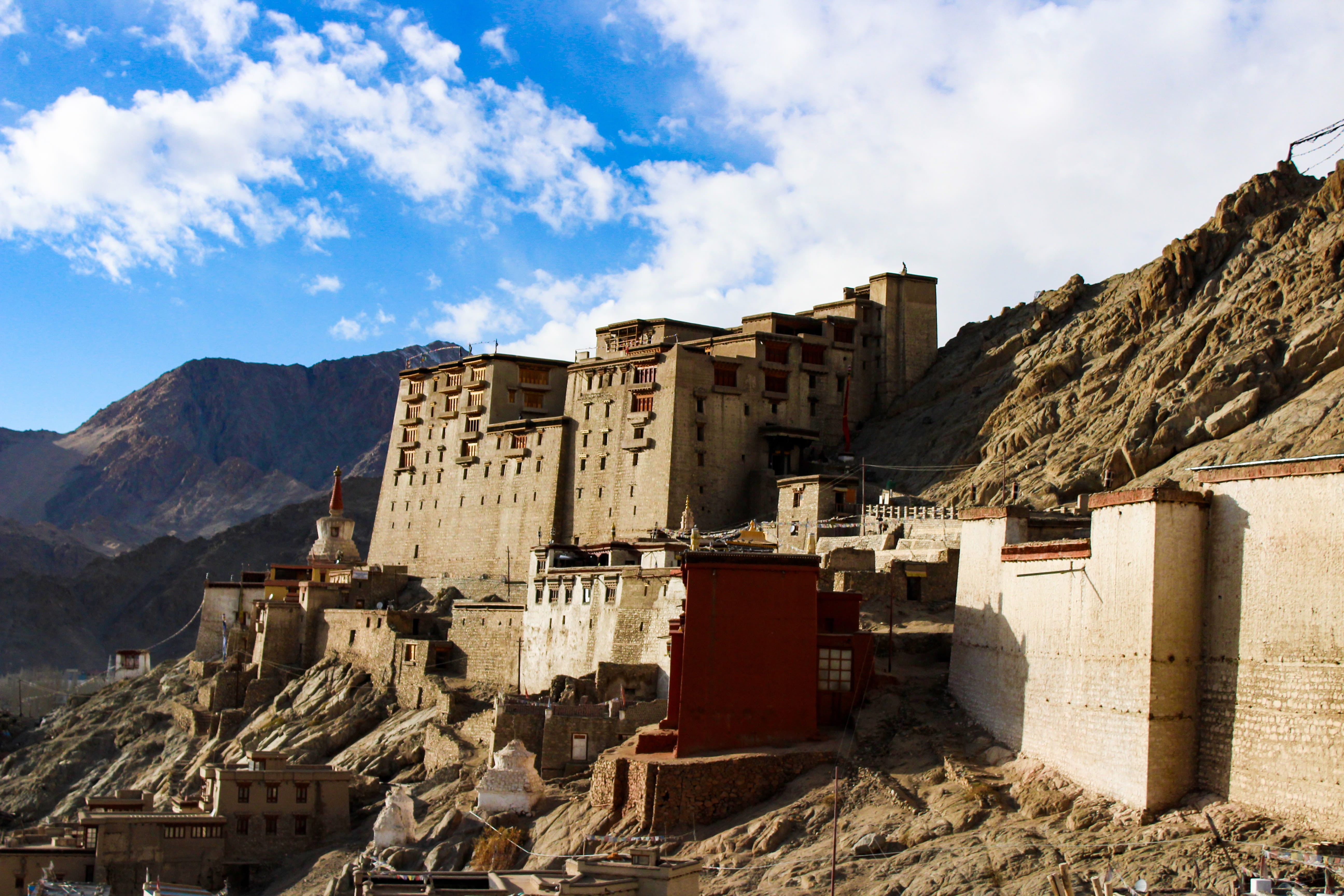 history, cloud - sky, built structure, india, outdoors, mountain range, ancient civilization, buddha, asia, 5K, mountain, solid, rock formation, himalaya, HD Wallpaper