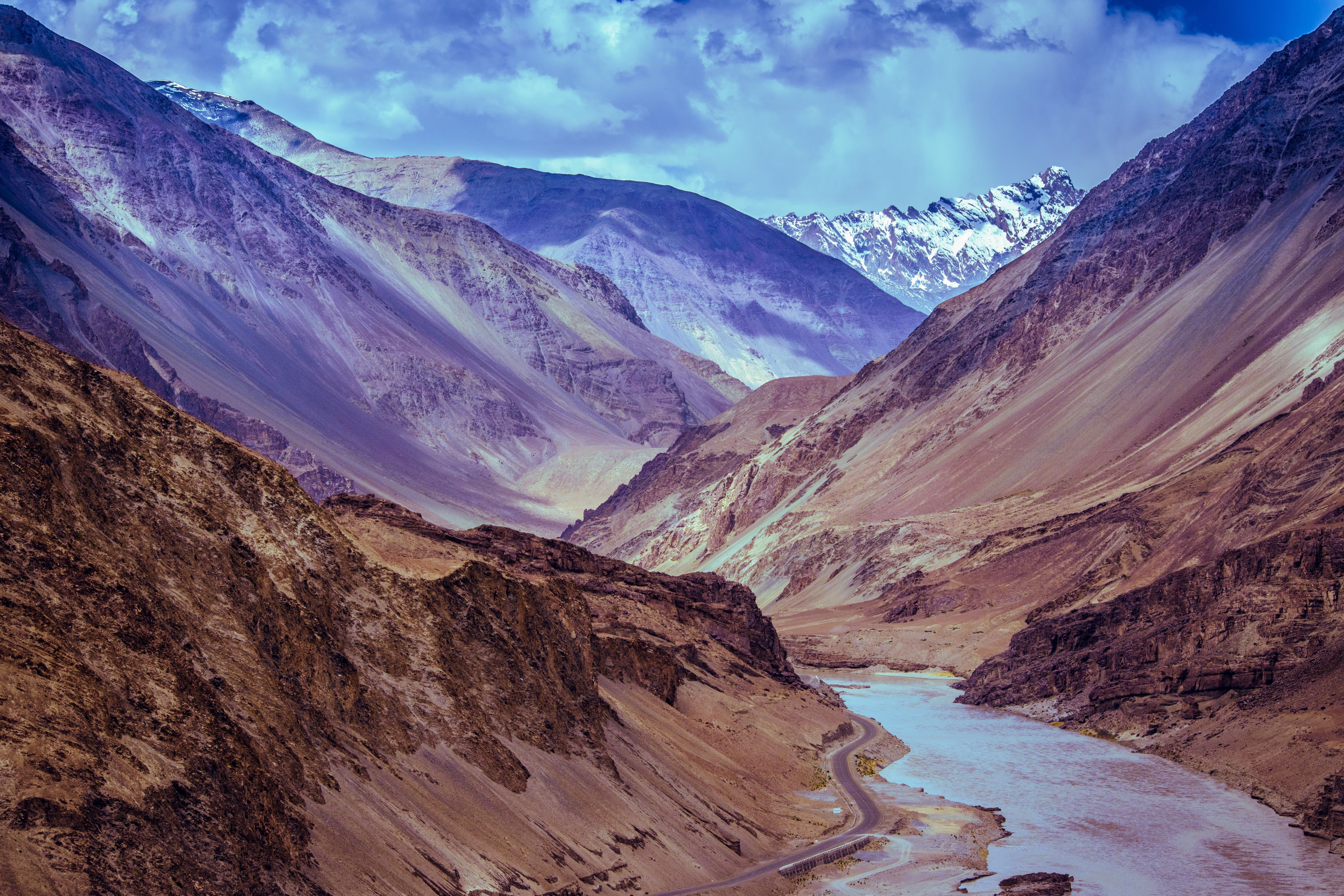 brown, climate, water, beauty in nature, rock formation, jammu, remote, clouds, asia, blue, rock - object, rock, mountain range, mountains, river, tourist, HD Wallpaper