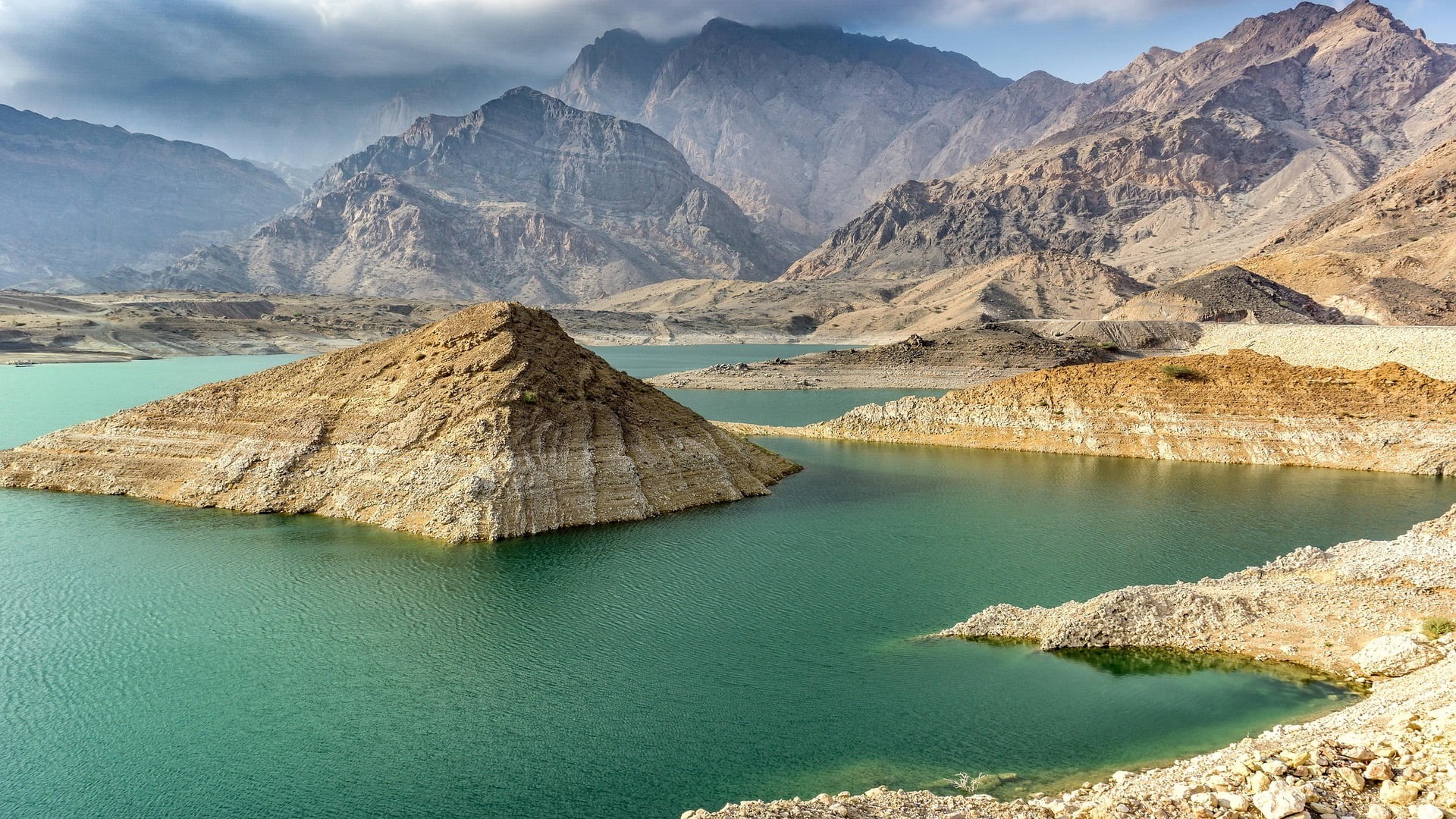 scenics - nature, rock, nature, environment, mountains, tranquility, lagoon, travel destinations, formation, Oman, outdoors, body, mountain, sky, idyllic, HD Wallpaper
