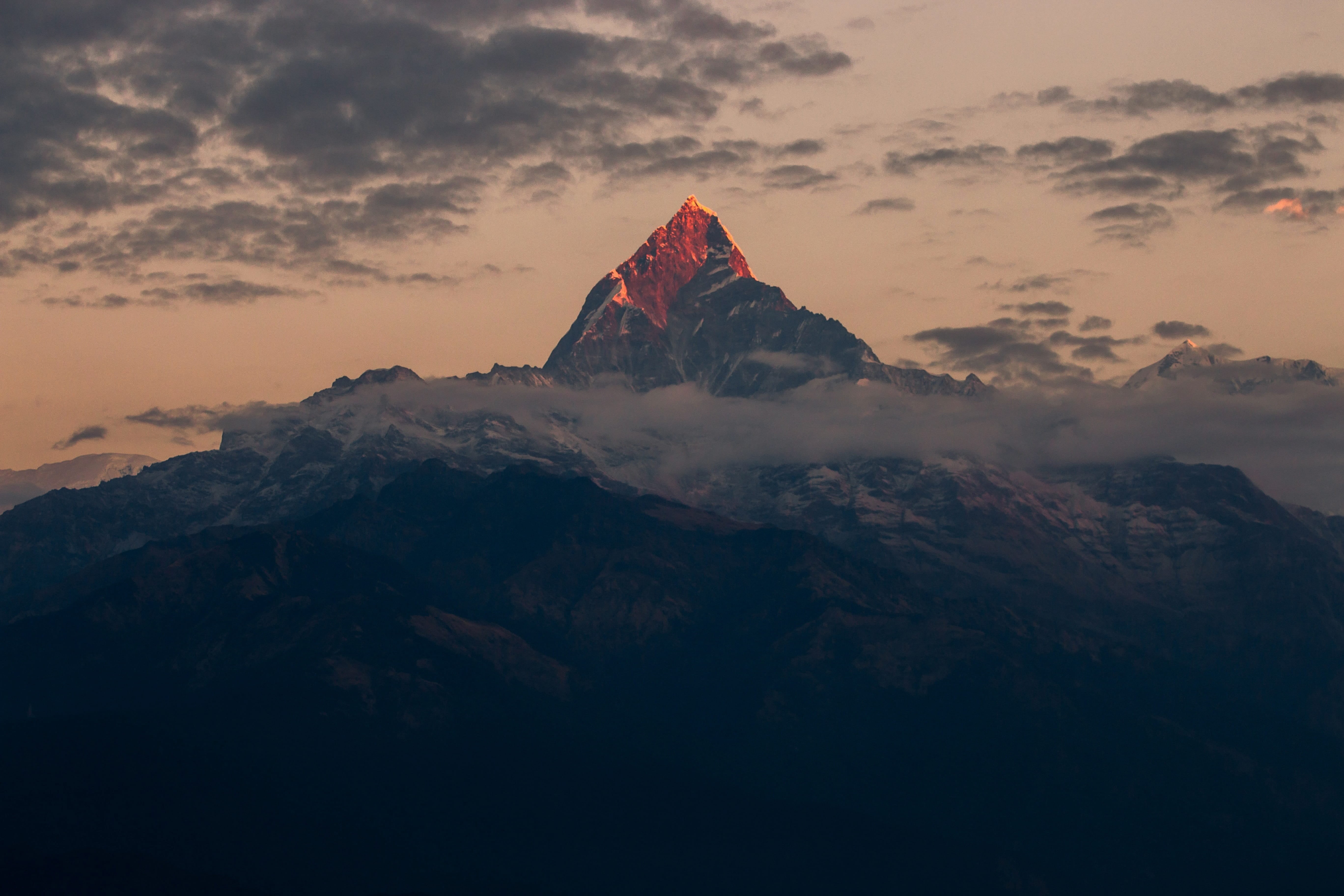 mountain peak, tranquil scene, cityscape, rock - object, snowcapped mountain, tourism, geology, machapuchare, sunset, rock, environment, mountain range, HD Wallpaper