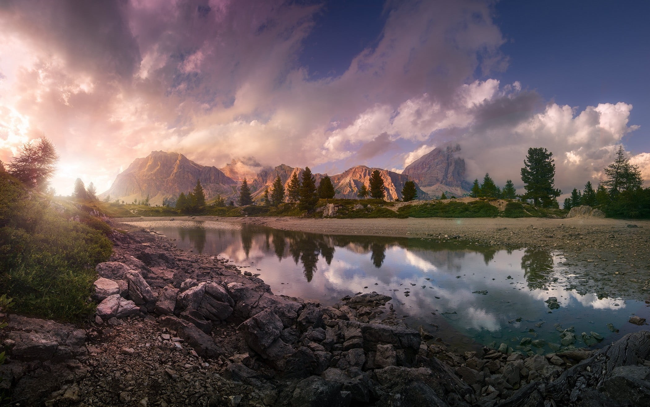 summer, body, plant, scenics - nature, calm, no people, idyllic, environment, mountains, outdoors, landscape, tranquil scene, nature, reflection, cloud - sky, HD Wallpaper