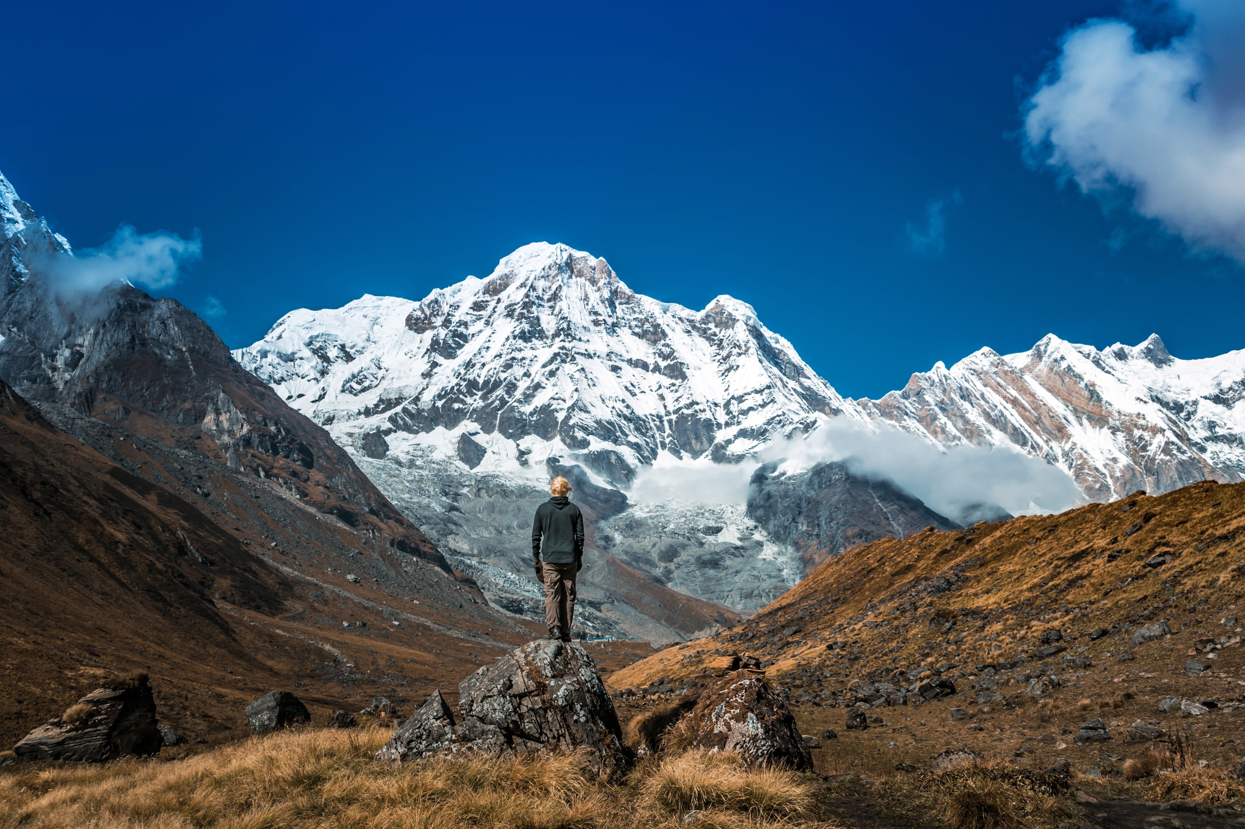 adventure, backpack, blue, snow, exploration, landscape, Himalayan, sky, people, one man only, Mountain view, winter, full length, mountain Range, beauty in nature, HD Wallpaper