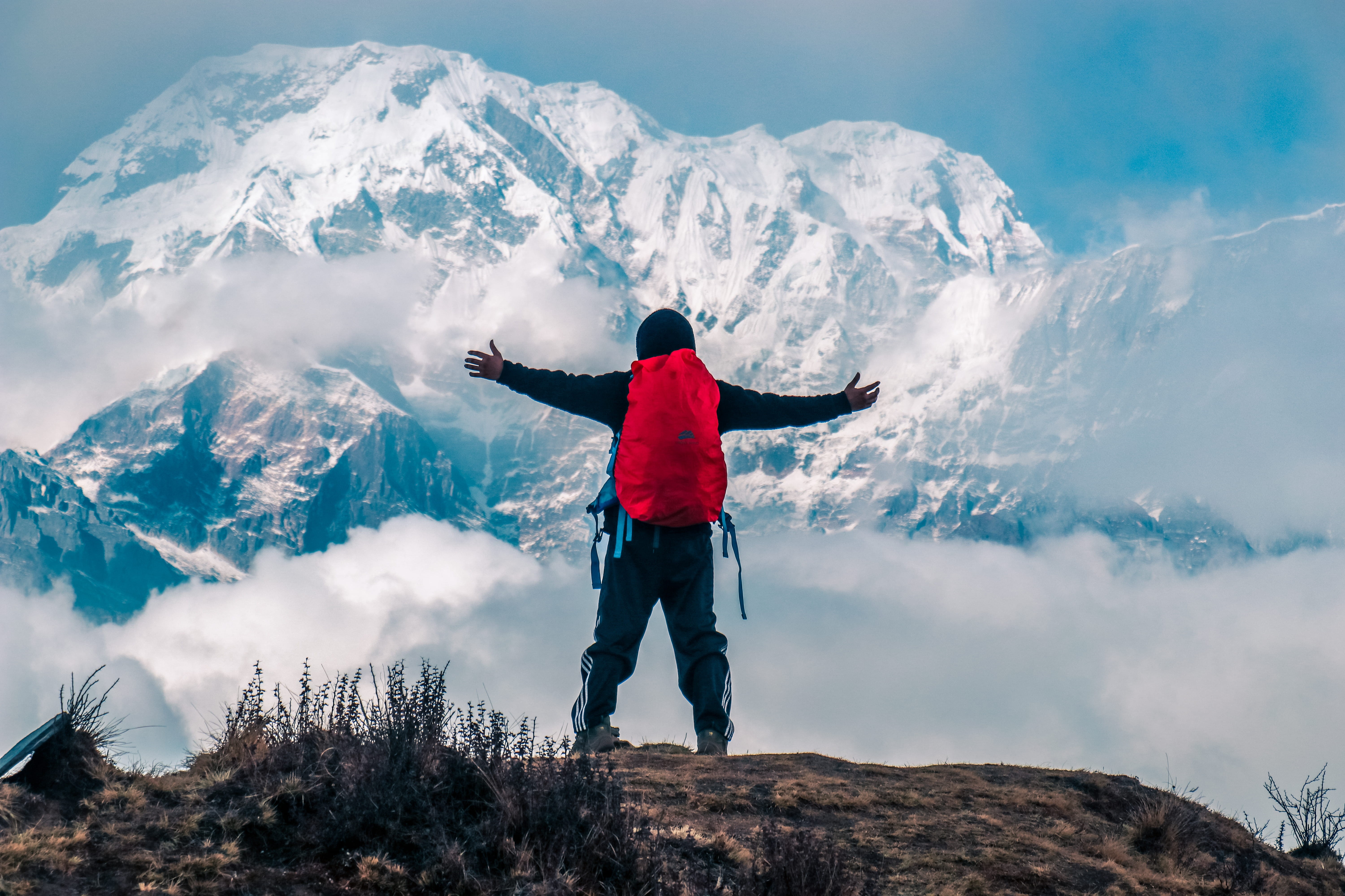 human, raising, lifestyles, scenics - nature, nature, leisure activities, outdoors, view, photo, snowcapped mountain, arms raised, cliff, mountain range, HD Wallpaper