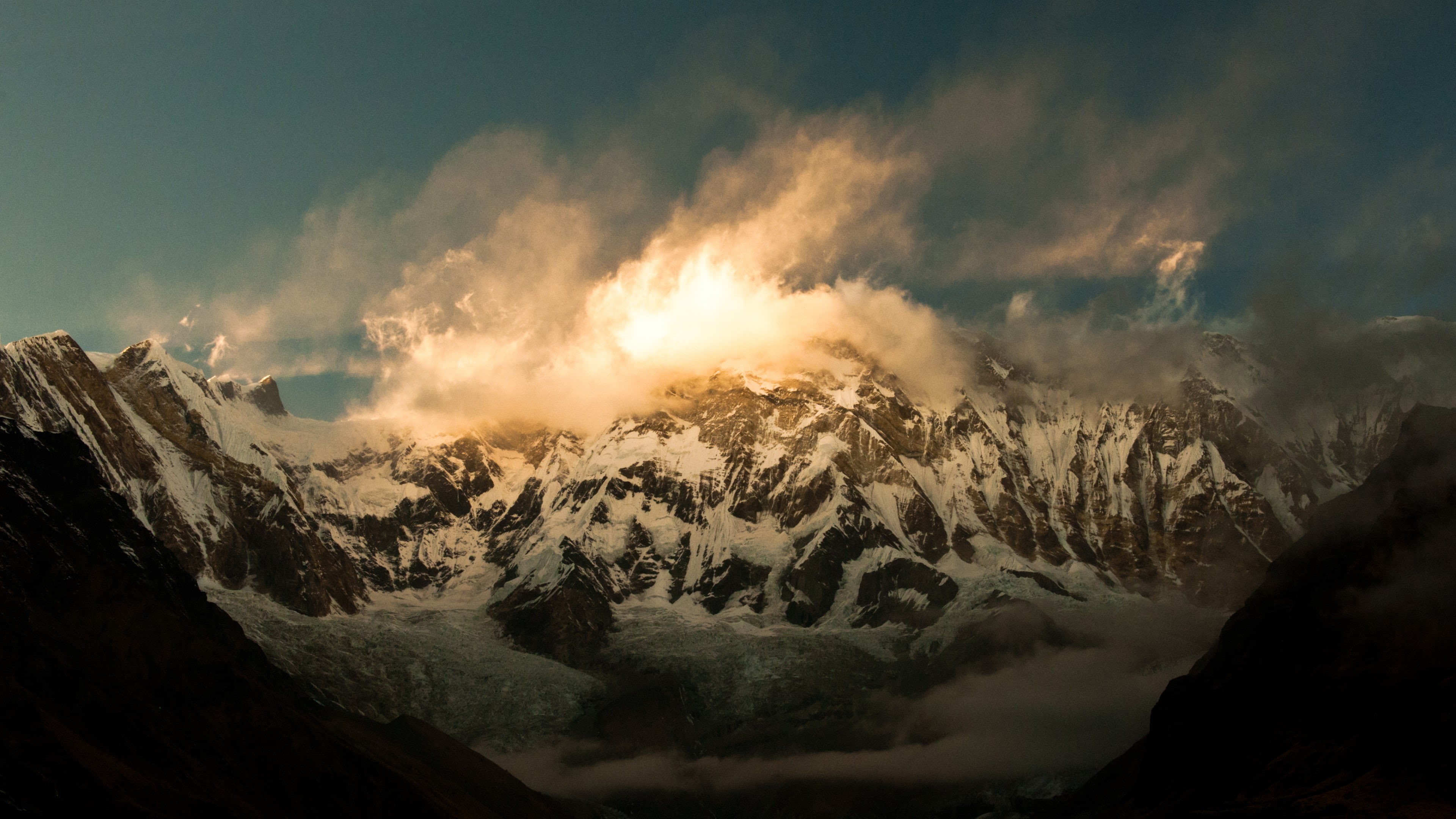 ice, 5k, top, Himalayas, mountain, Nepal, surrounding, clouds, view, sunset, 4K, Annapurna, HD Wallpaper