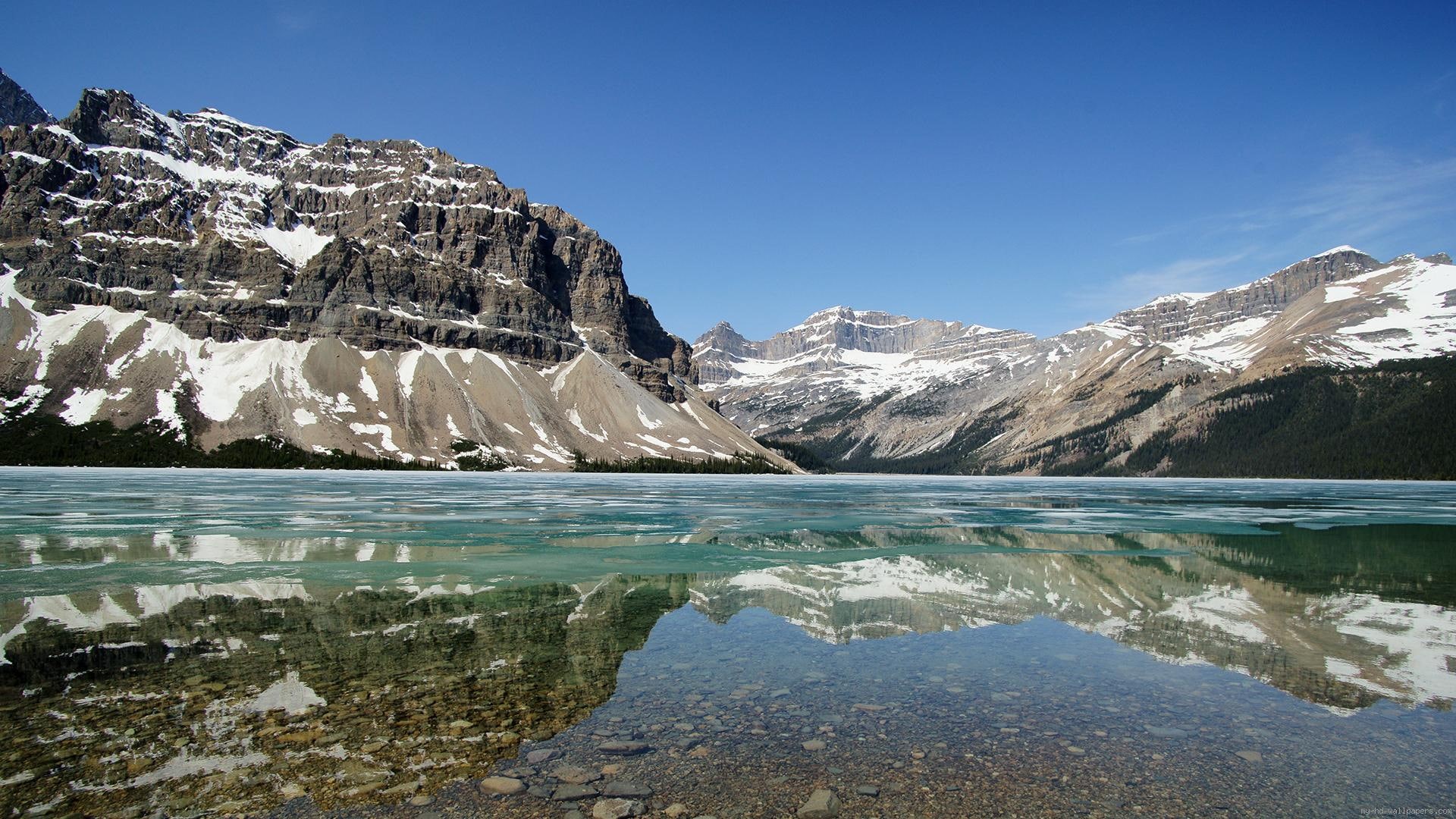 1080P, snow, around, moutains, cap, mountain, lake, landscape, water, HD Wallpaper