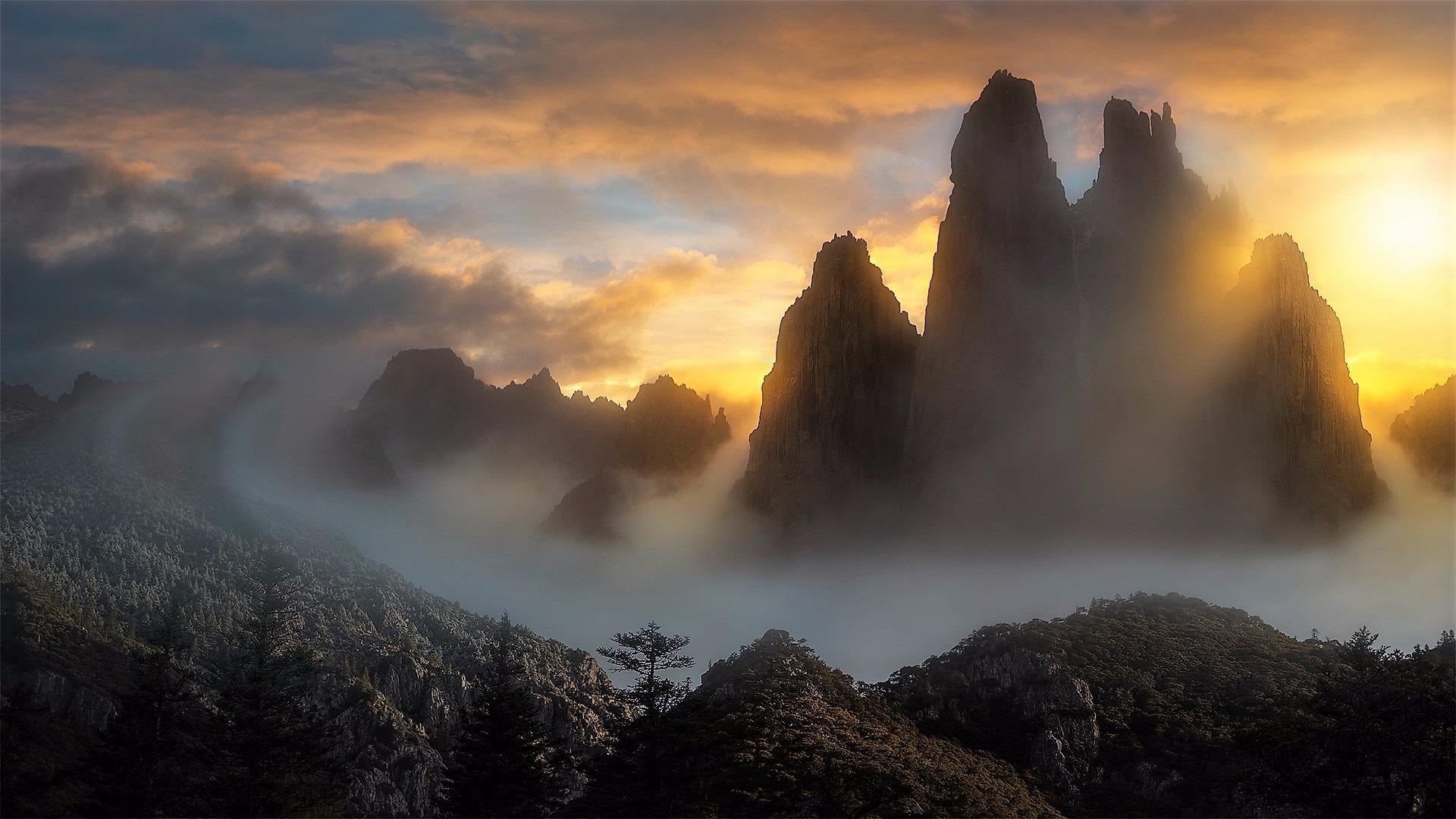 landscape, no people, dawn, cloud - sky, tranquility, beauty in nature, mist, 1080P, sunset, moutain, atmosphere, sky, tree, gansu, environment, plant, HD Wallpaper
