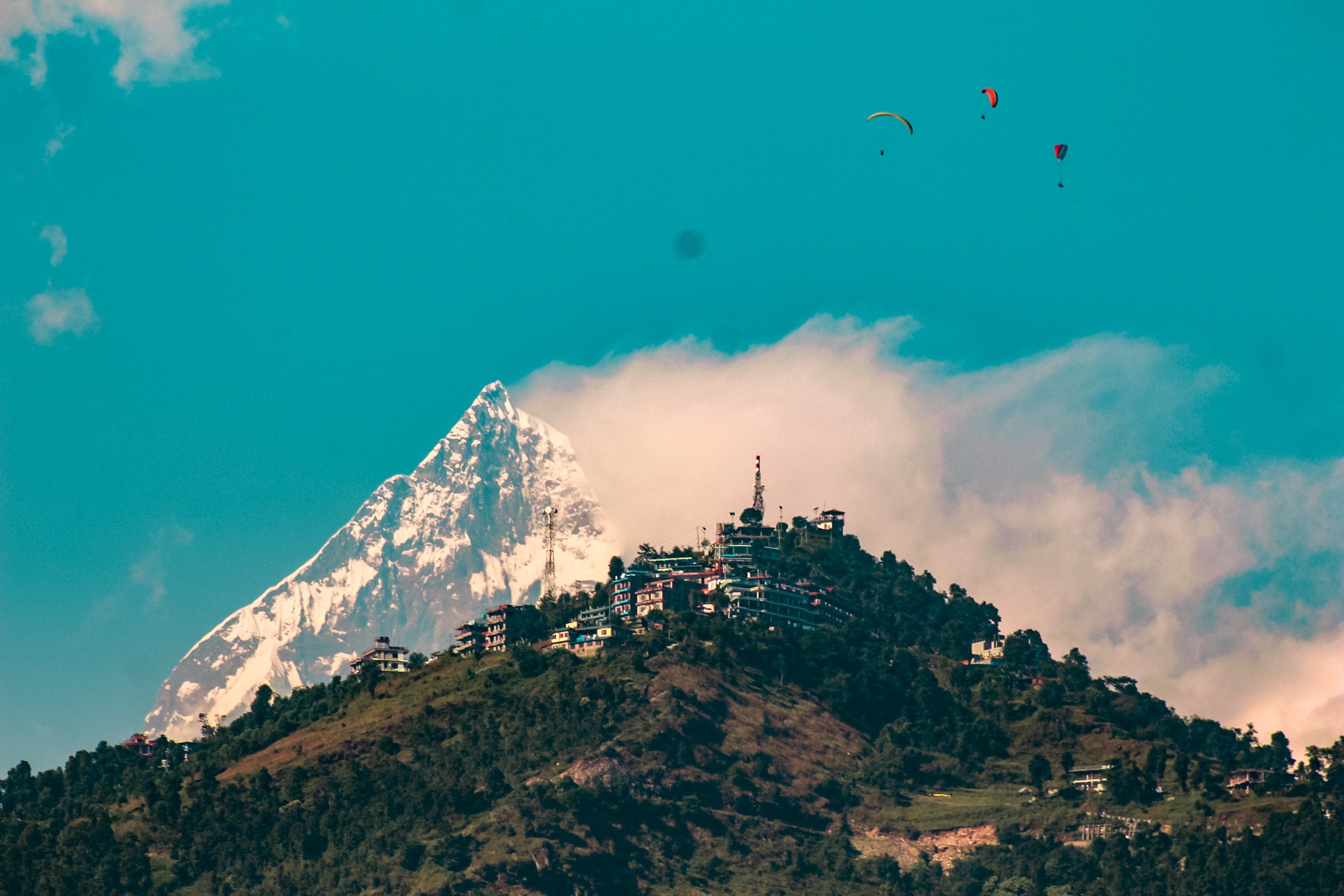 no people, history, nepal, mountain, travel destinations, day, mid-air, low angle view, beauty in nature, building exterior, sky, built structure, architecture, HD Wallpaper