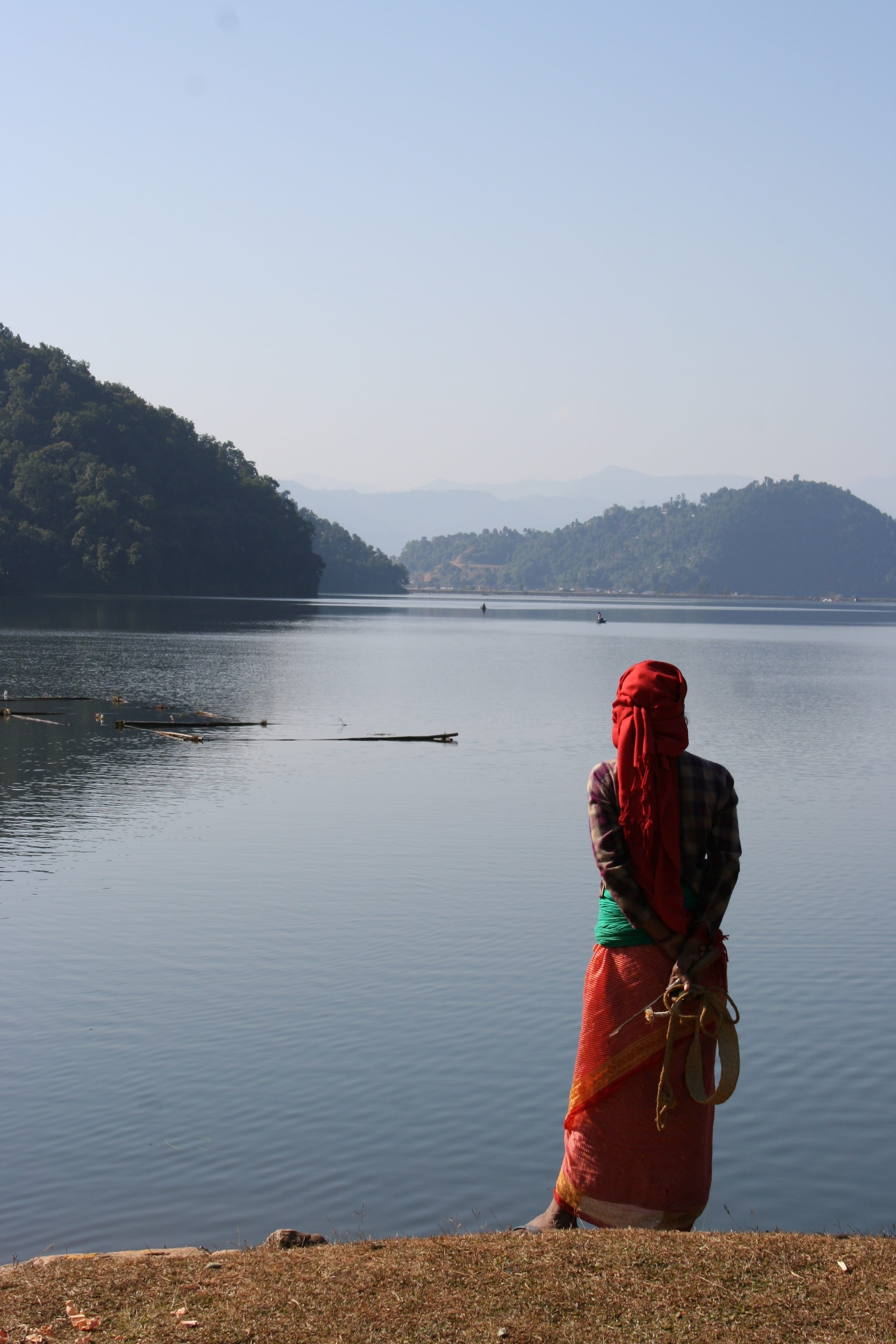 sitting, rear view, one person, leisure activity, nepal, clear sky, scenics - nature, nature, hills, sky, landscape, water, tranquil scene, full length, Phone HD Wallpaper