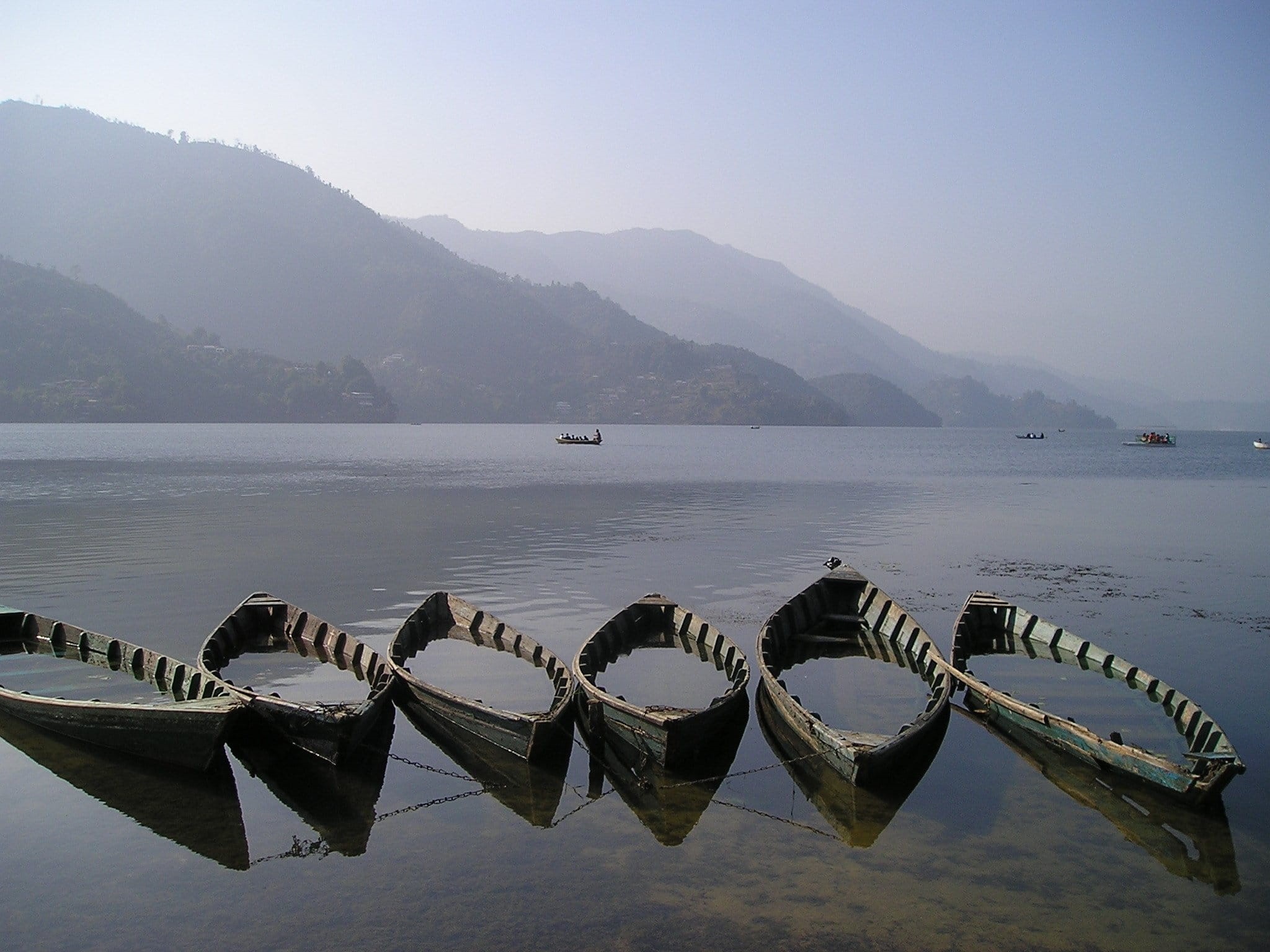 mountain range, fog, nautical vessel, canoe, photography, 1080P, outdoors, pokhara, six, sky, black, mode of transportation, tranquil scene, tranquility, HD Wallpaper