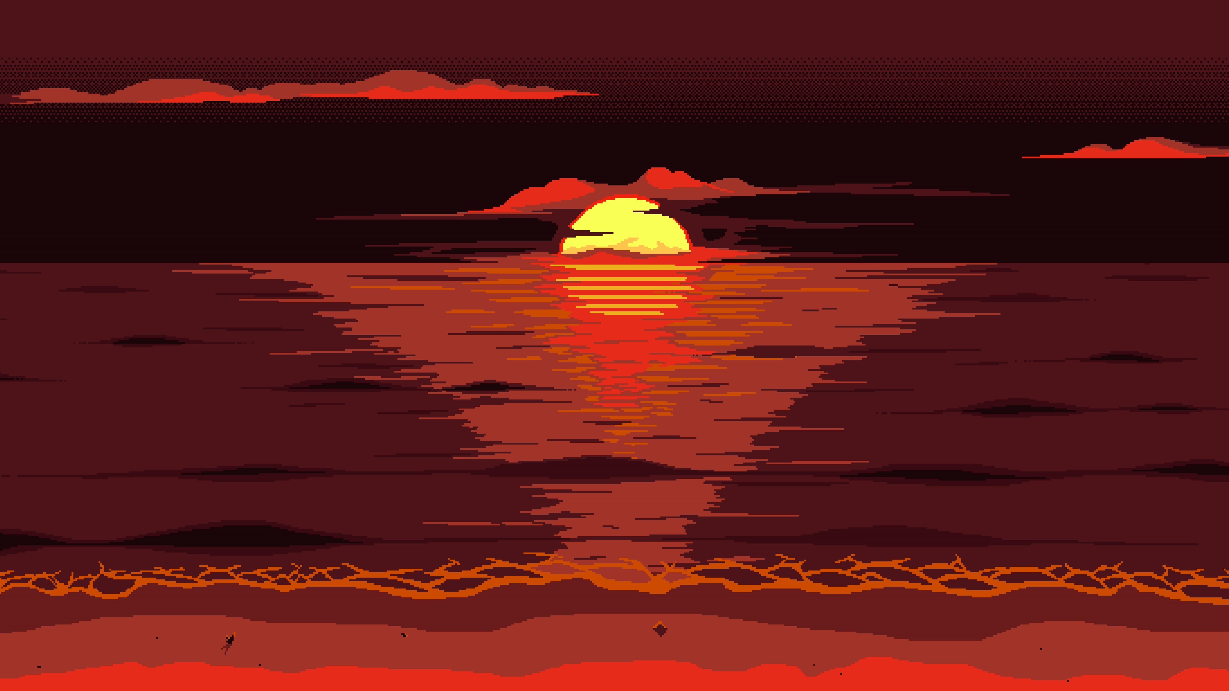 orange, artwork, red, art, pixel art, sunset, afterglow, digital art, sun, sky, 5K, HD Wallpaper