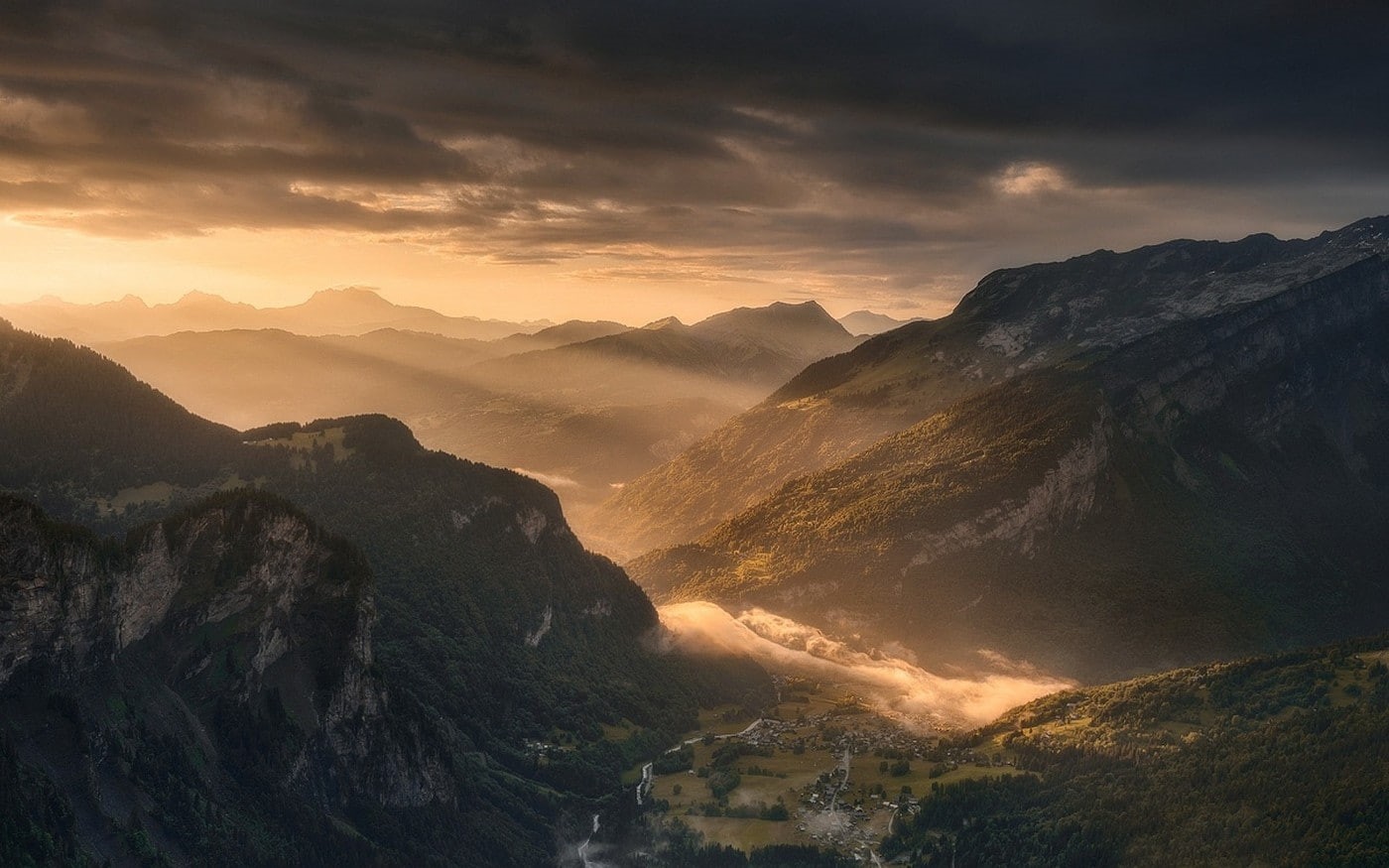 mountain, mountains, mist, valley, nature, village, landscape, gray, sunrise, 720P, HD Wallpaper